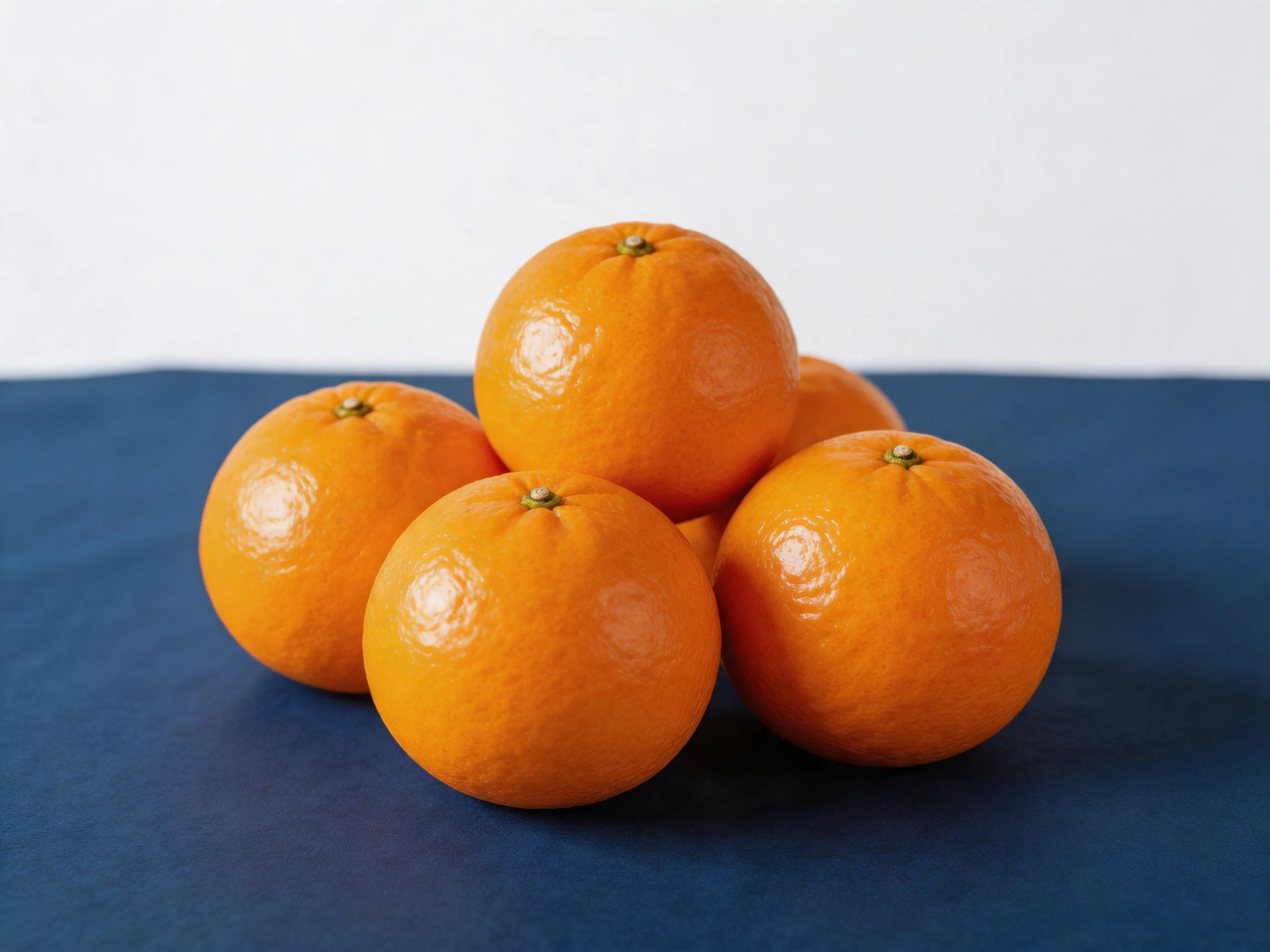 Five bright oranges grouped on a dark blue surface