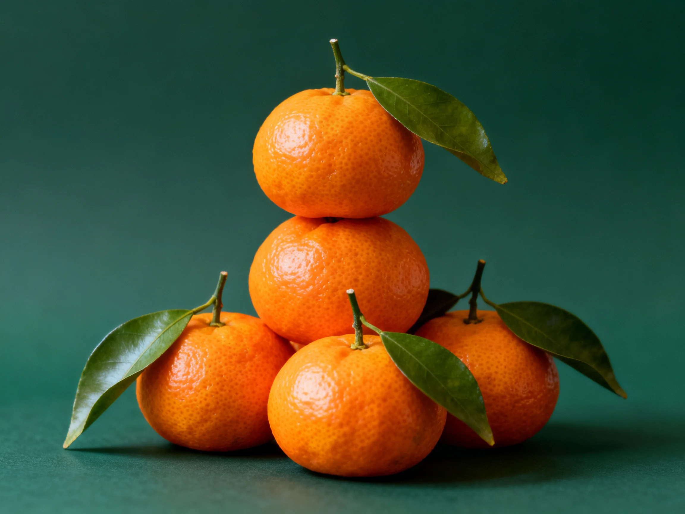 Five bright oranges stacked with green leaves on a dark teal surface