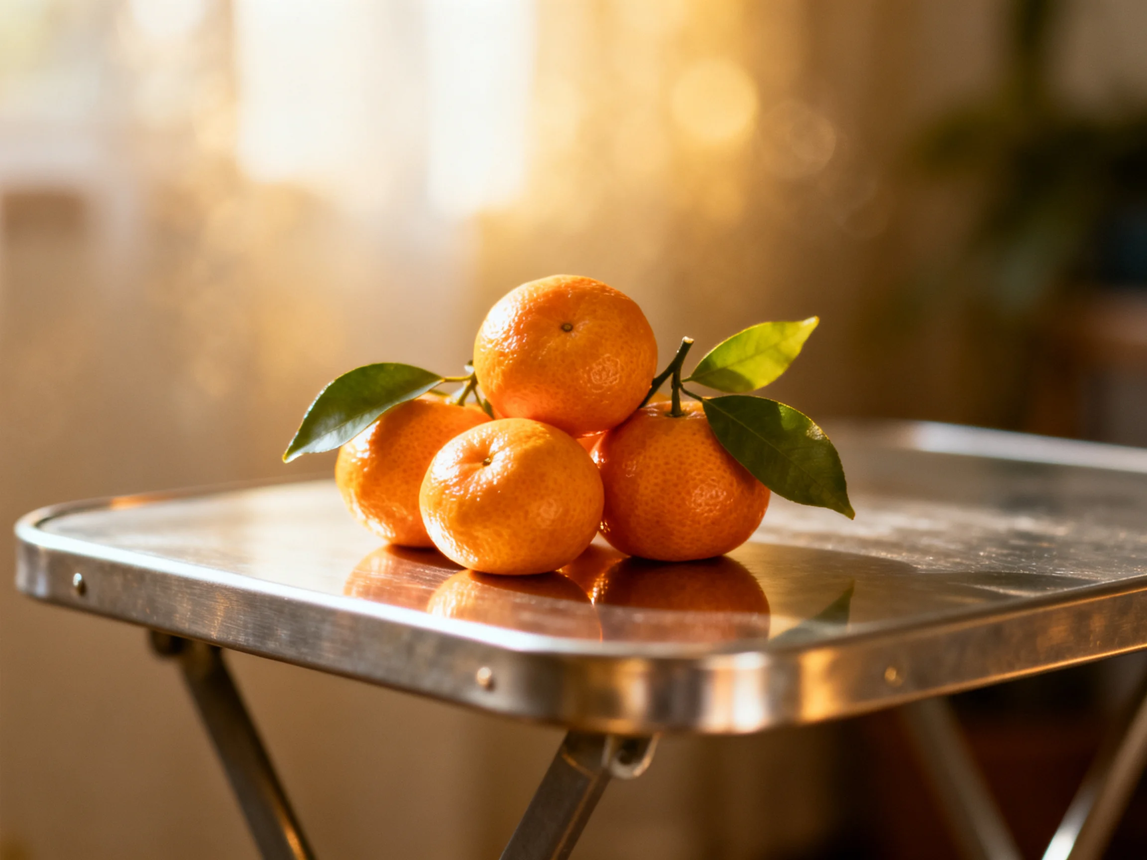 Five bright oranges with green leaves on a metallic table under warm light
