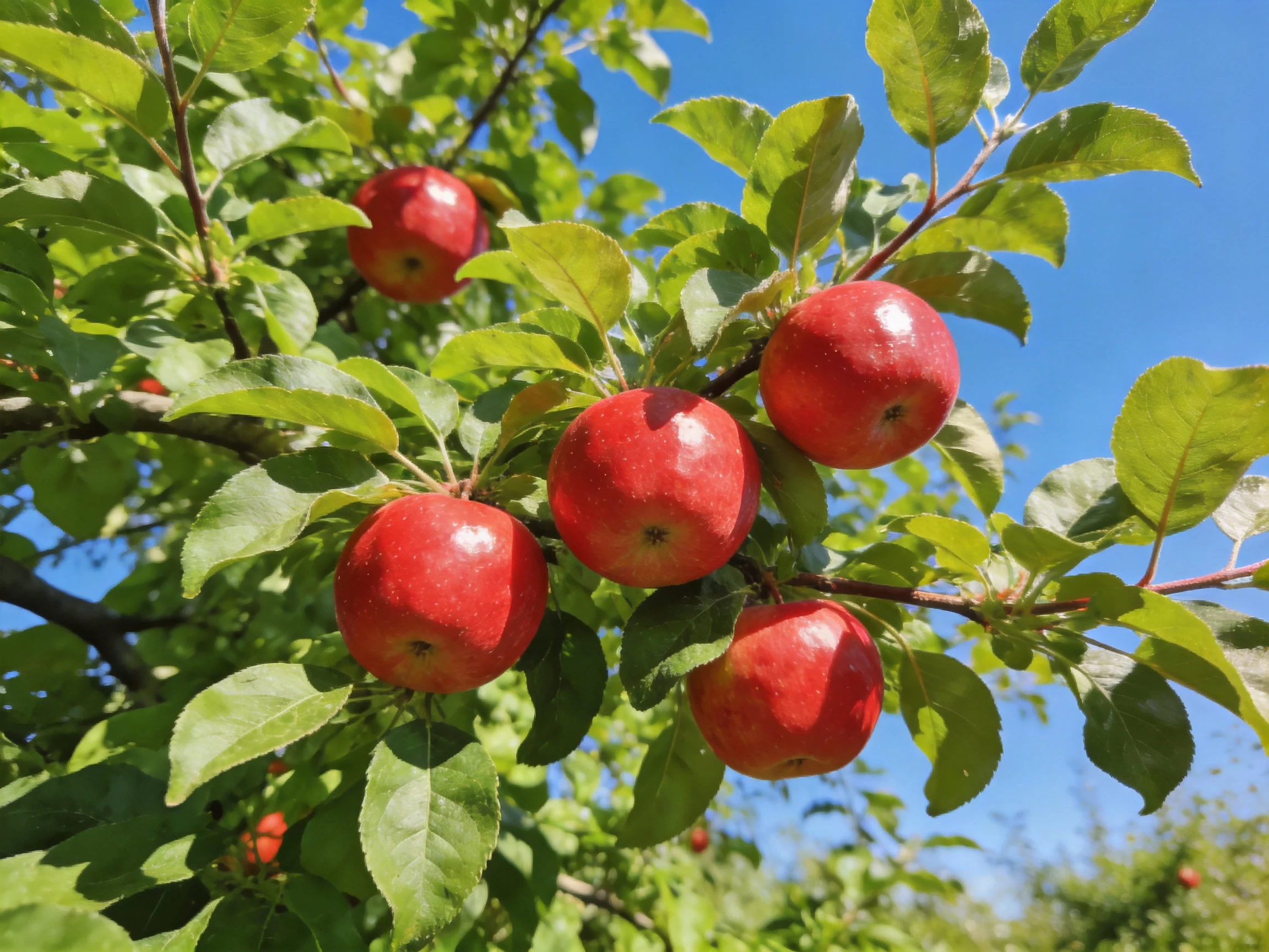 Five bright red apples cluster on a leafy apple tree under clear blue sky