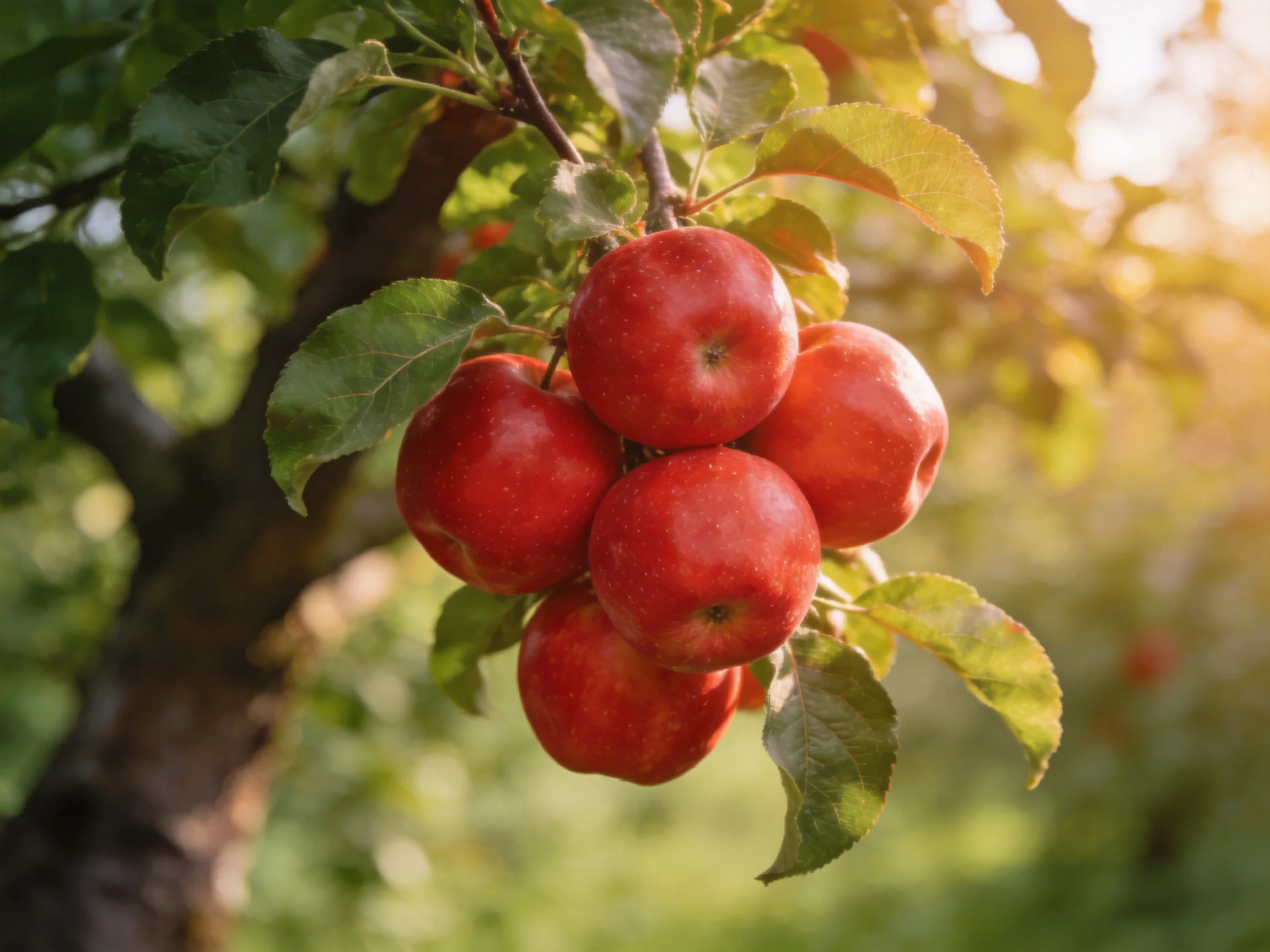 Five bright red apples clustered on a tree branch with lush green leaves