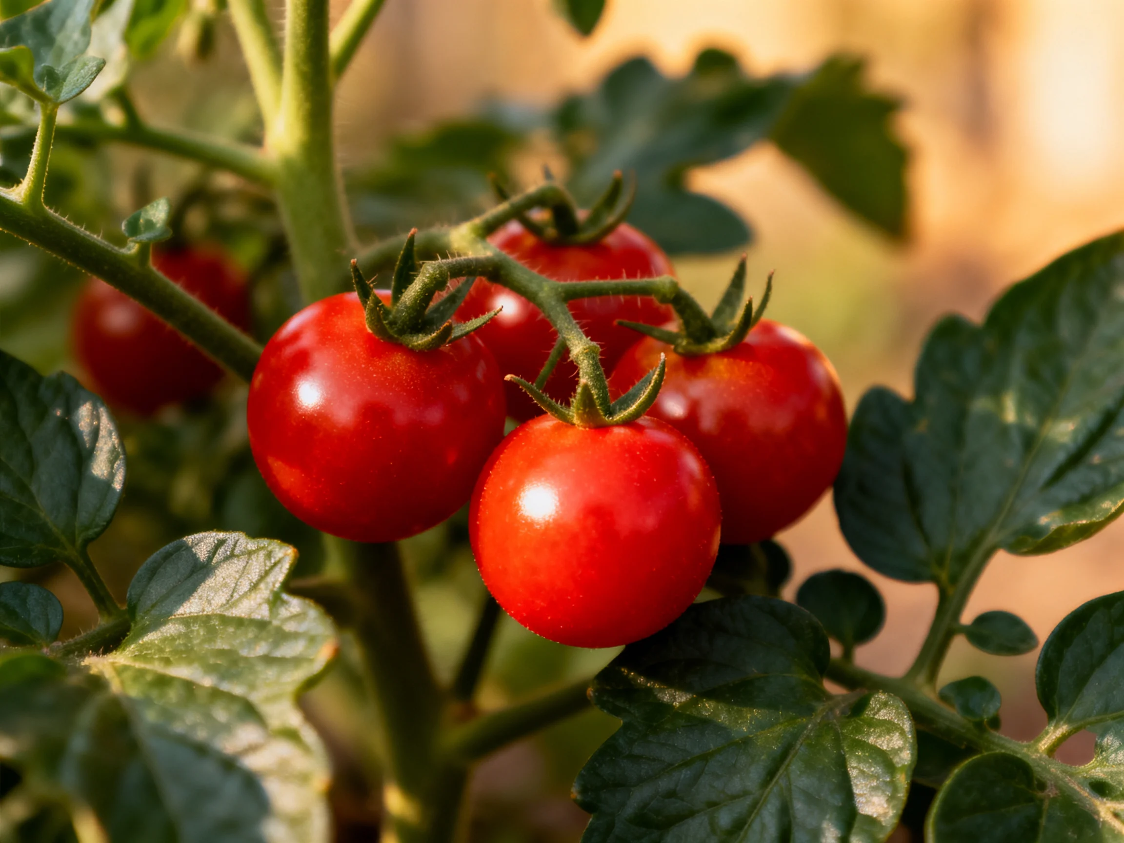 Five bright red cherry tomatoes cluster on a leafy green vine