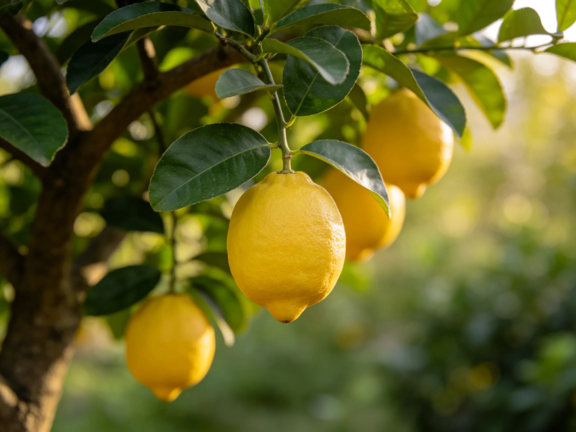 Five bright yellow lemons hang from a leafy citrus tree