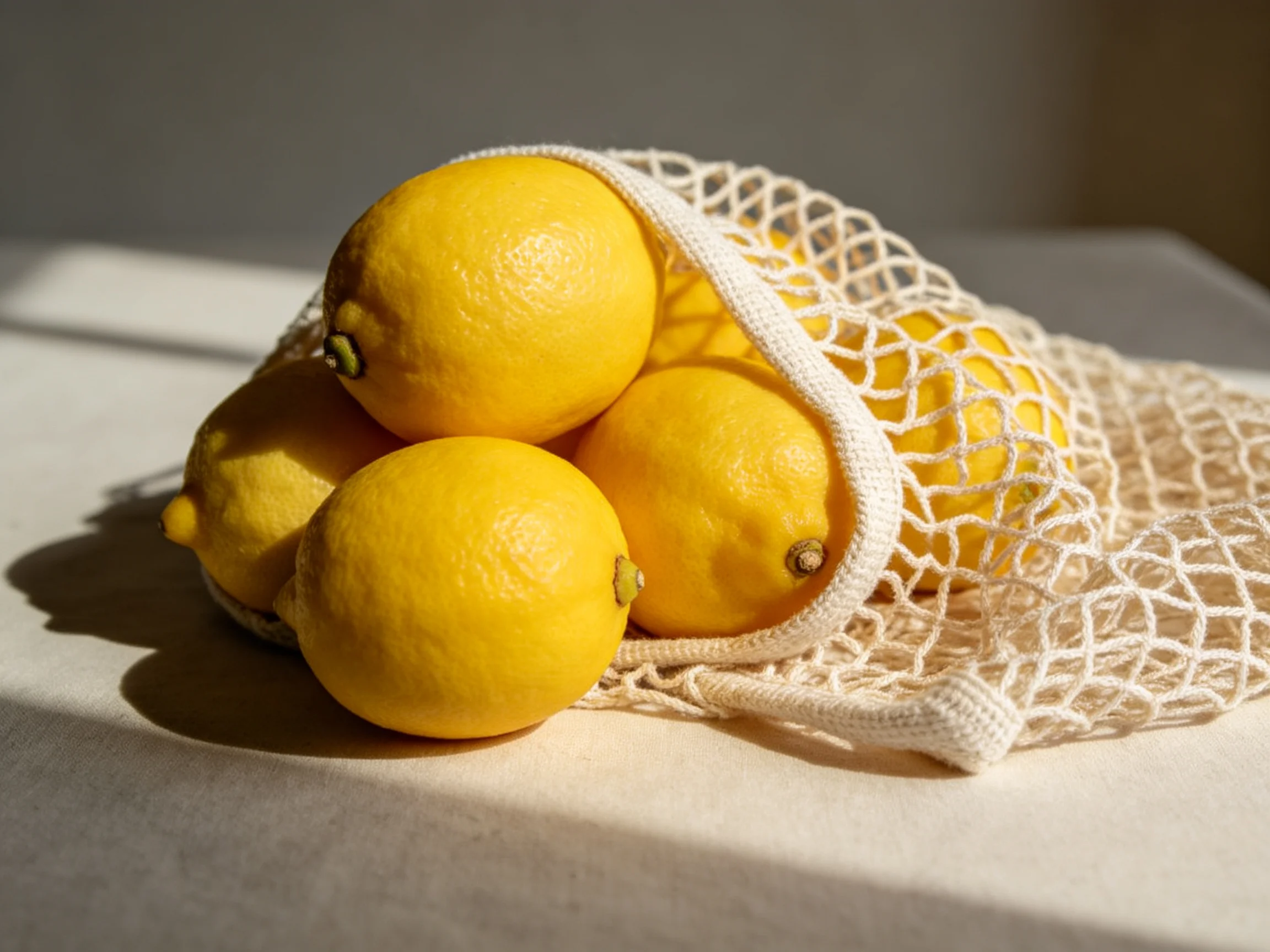 Five bright yellow lemons spilling from a white mesh produce bag