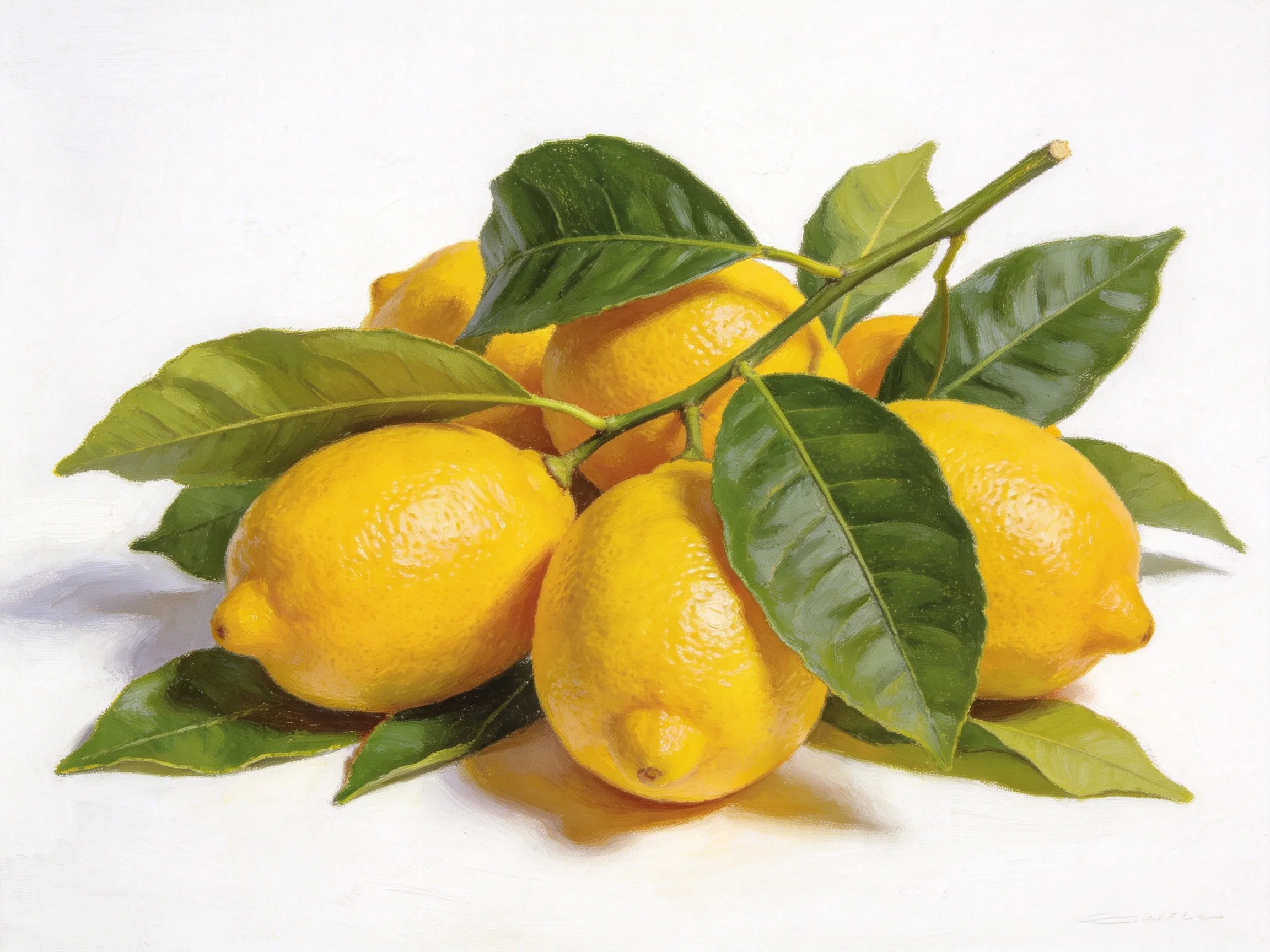 Five bright yellow lemons with glossy green leaves
