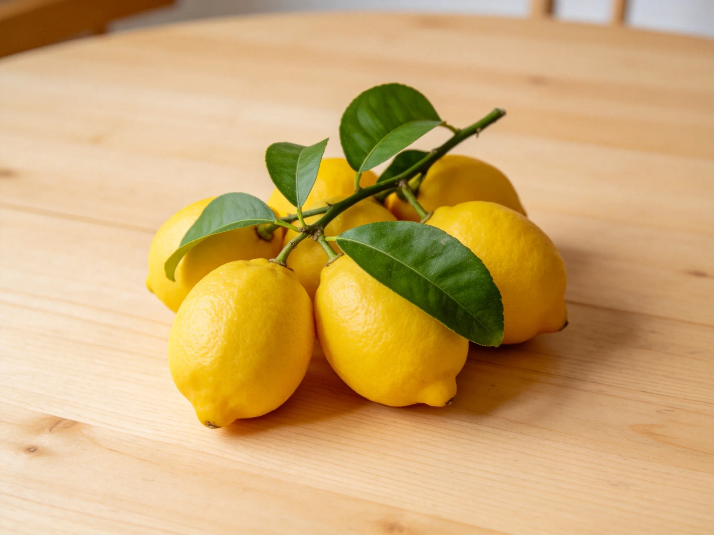 Five bright yellow lemons with green leaves on a smooth wooden table