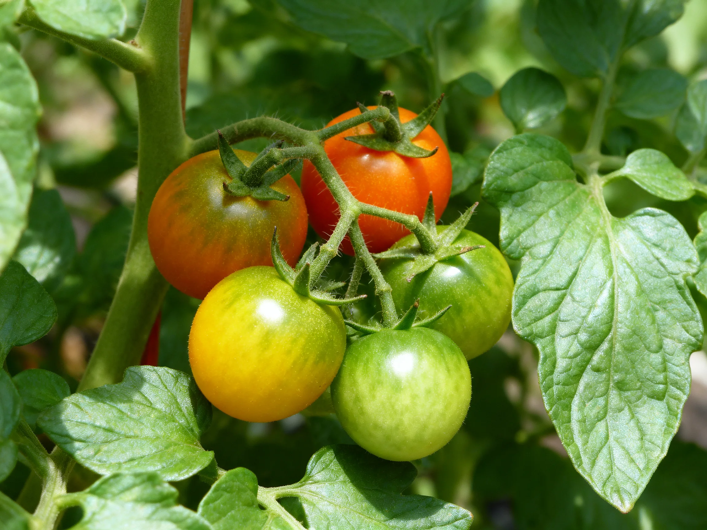 Five cherry tomatoes in mixed colors growing on a leafy vine