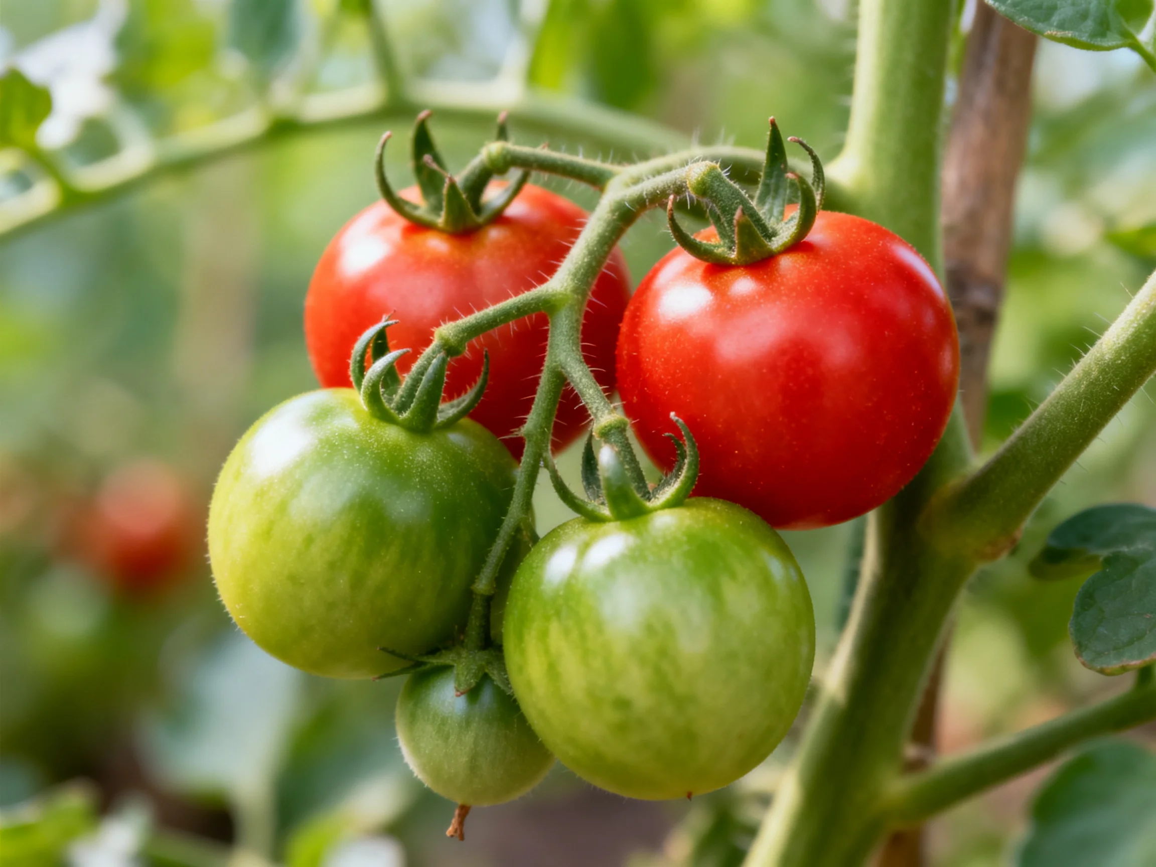 Five cherry tomatoes, red and green, grow on a vine.