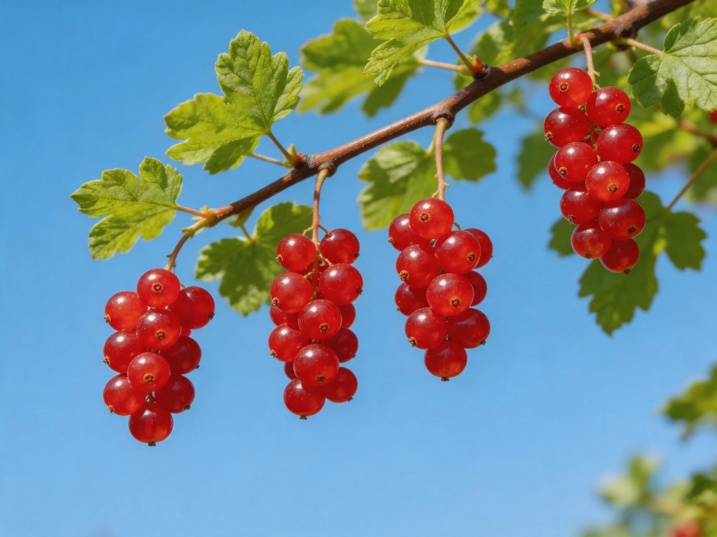 Five clusters of bright red berries hang from a branch with green leaves