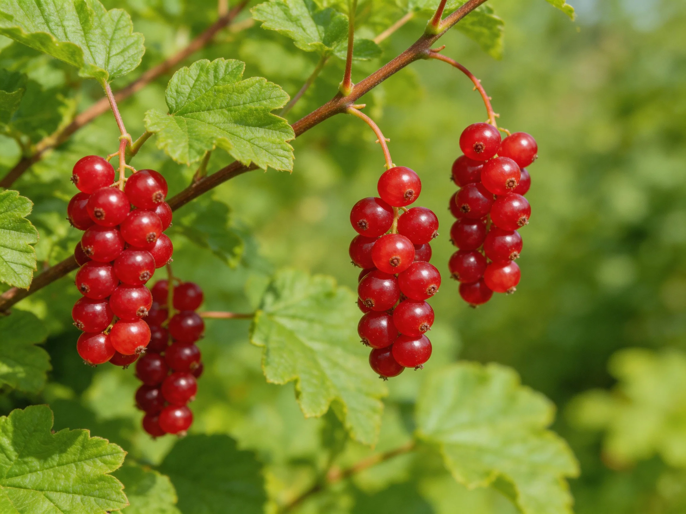 Five clusters of glossy red berries hang on leafy branches