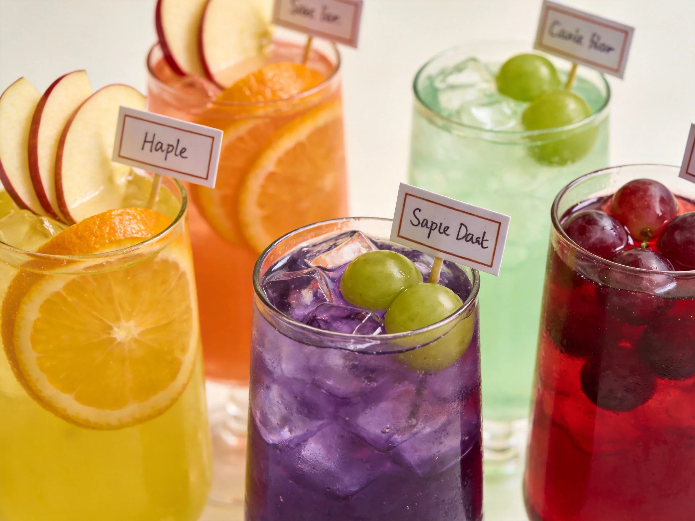 Five colorful fruit-topped drinks in diverse colorscolors