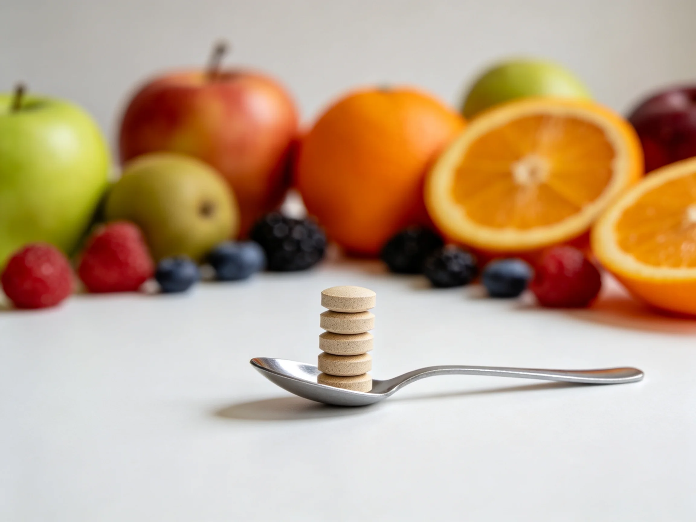 Five colorful fruits surround a spoon with stacked tablets