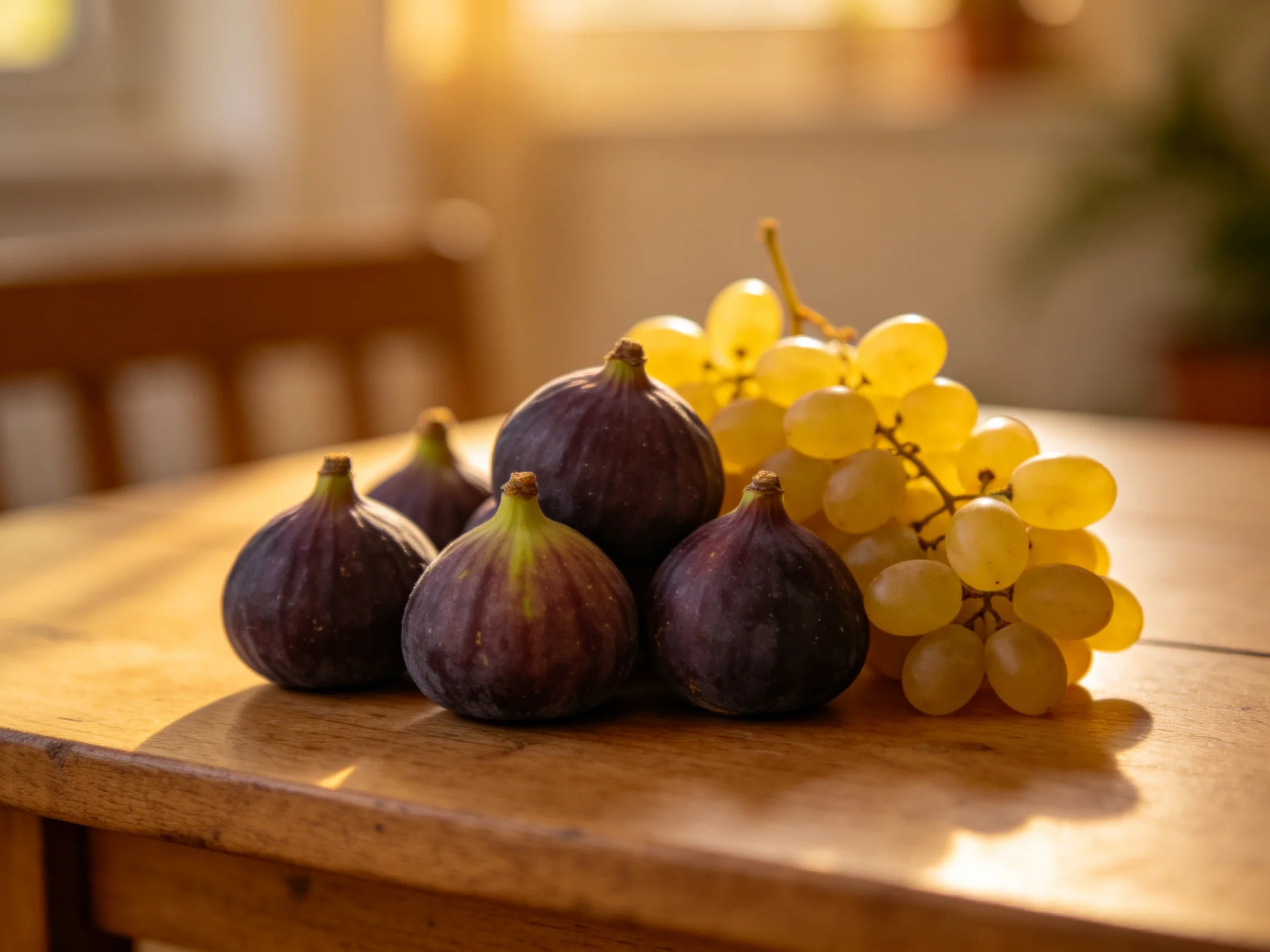 Five dark purple figs and a cluster of yellow grapes sit on a wooden table