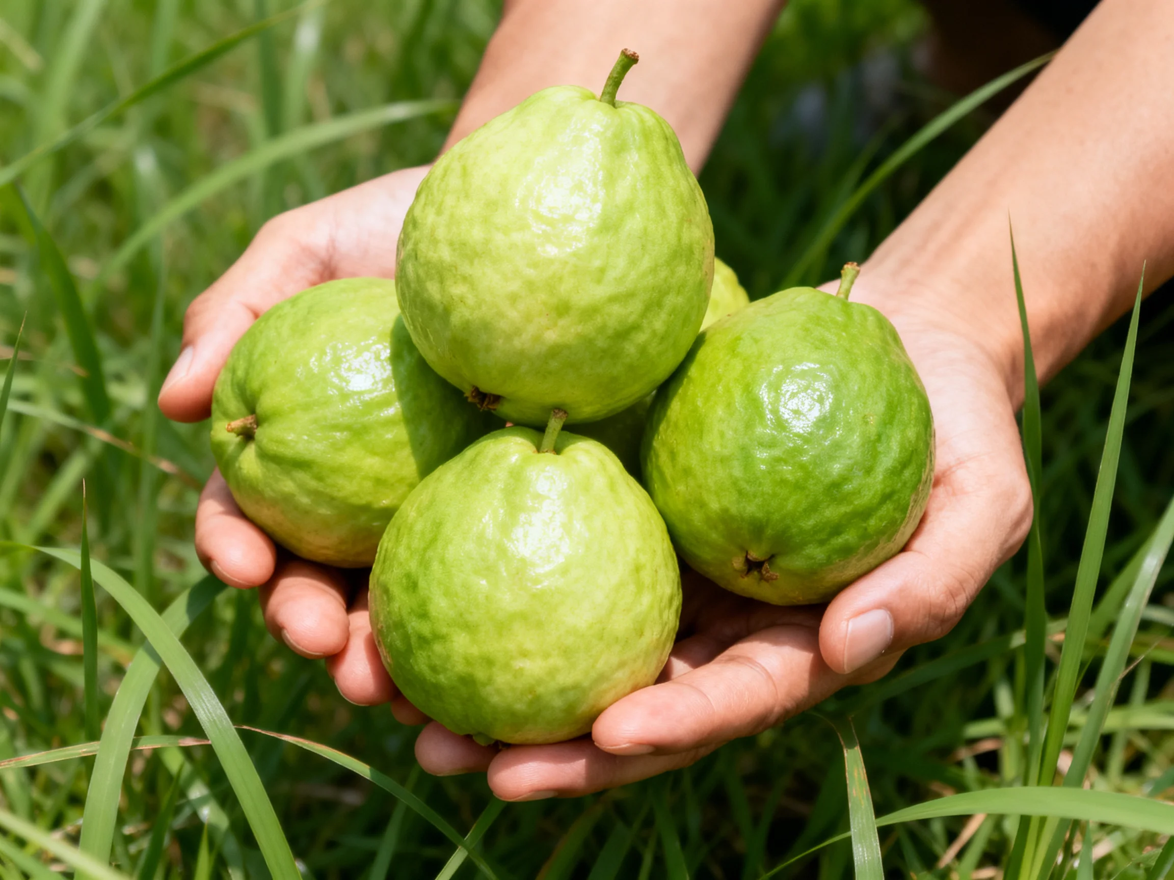 Five fresh green guavas held in cupped hands amid tall grass