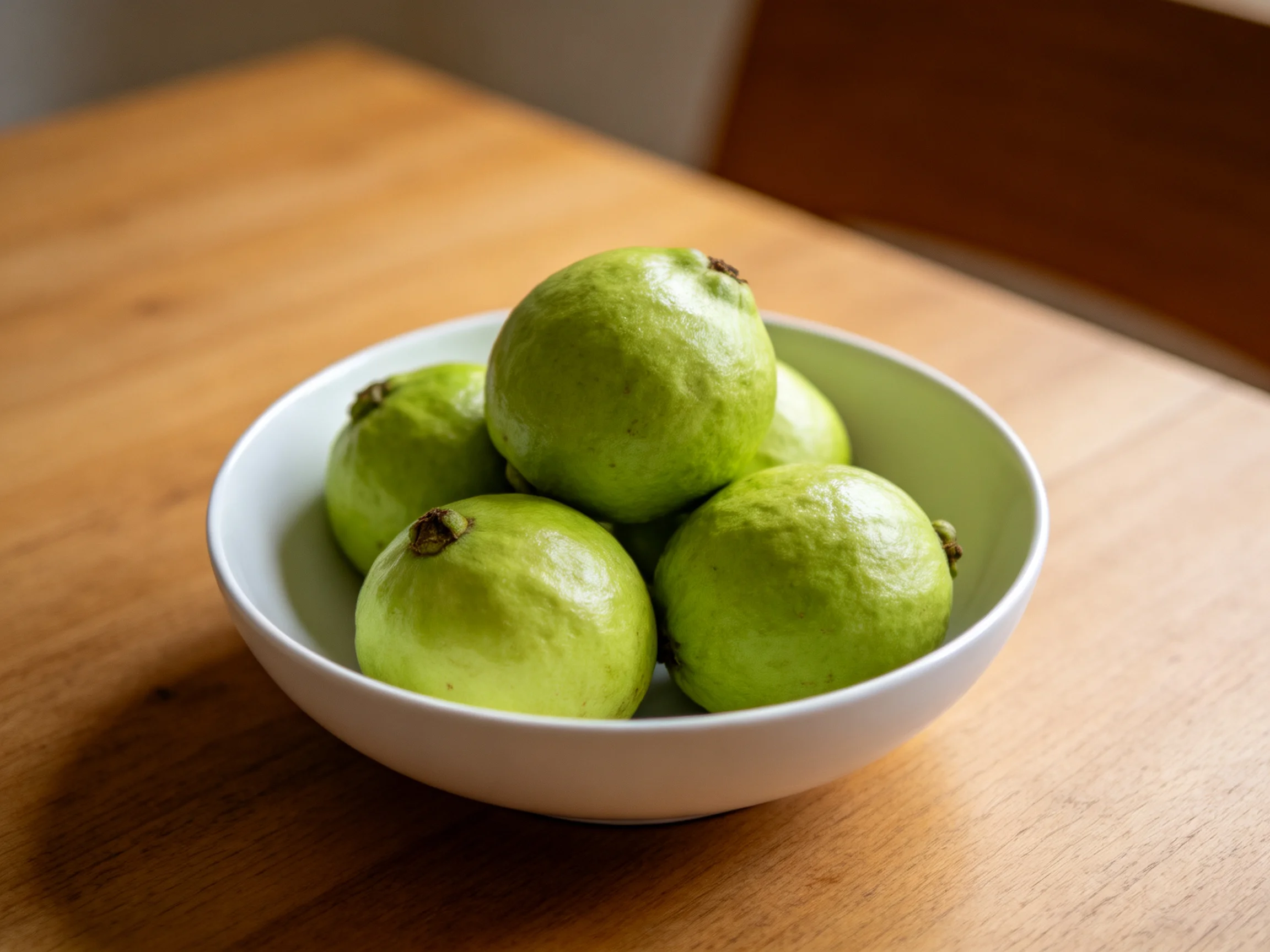 Five fresh green guavas in a white bowl on a wooden table
