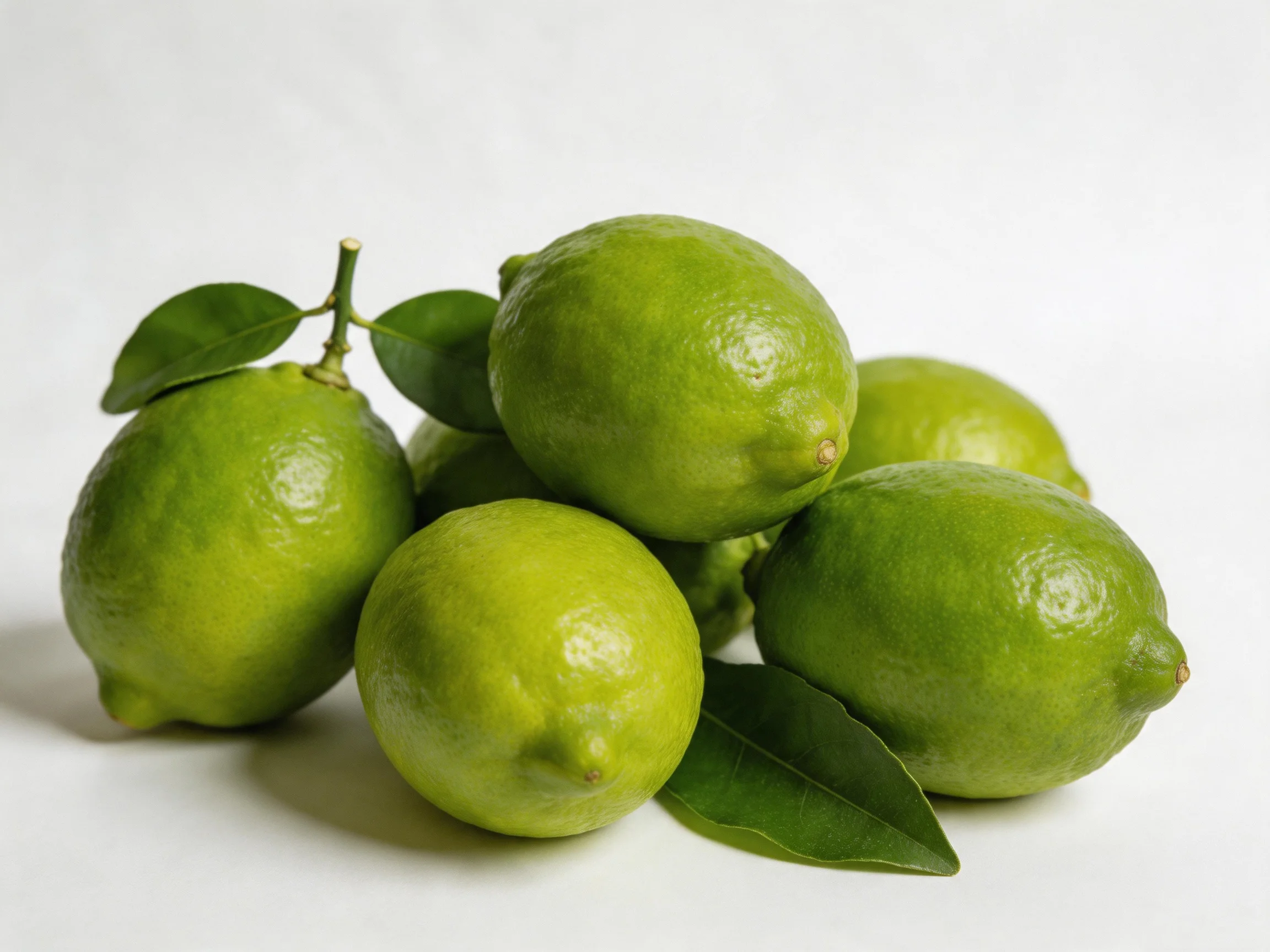 Five fresh green limes clustered with bright leaves