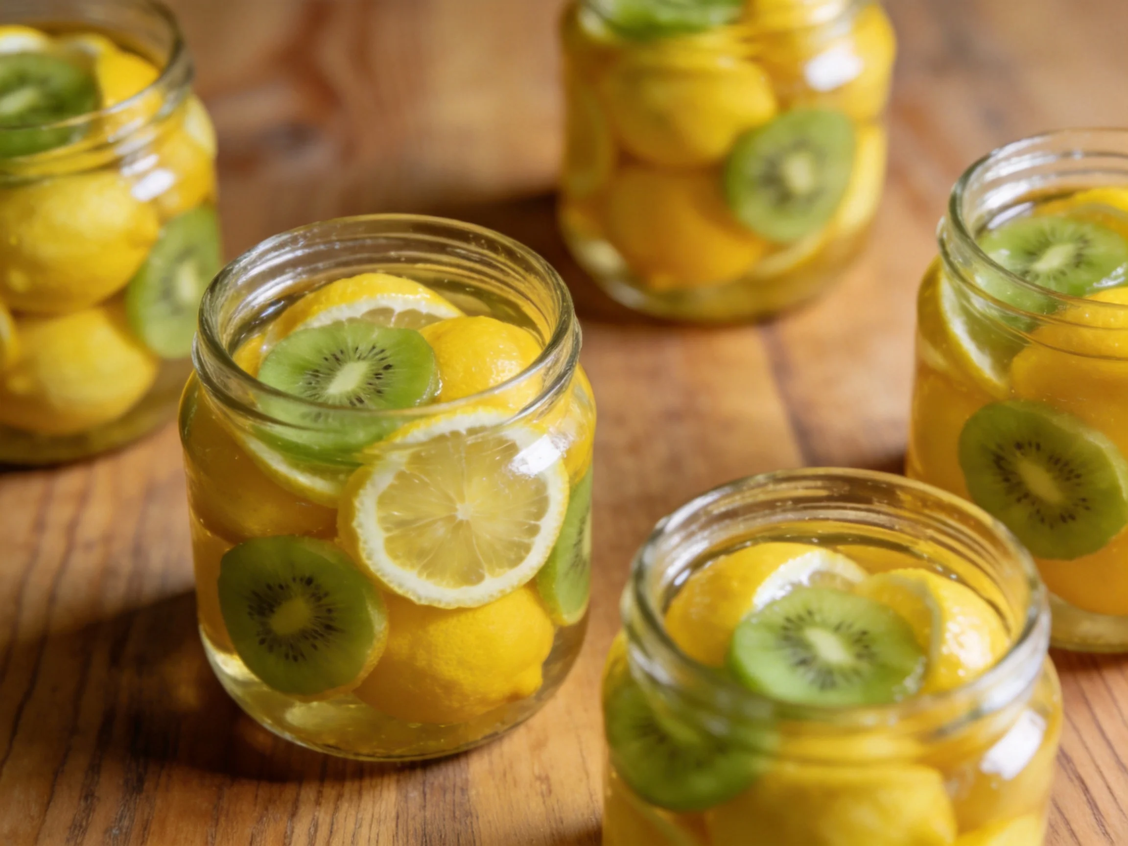 Five glass jars filled with yellow lemons and green kiwi slices