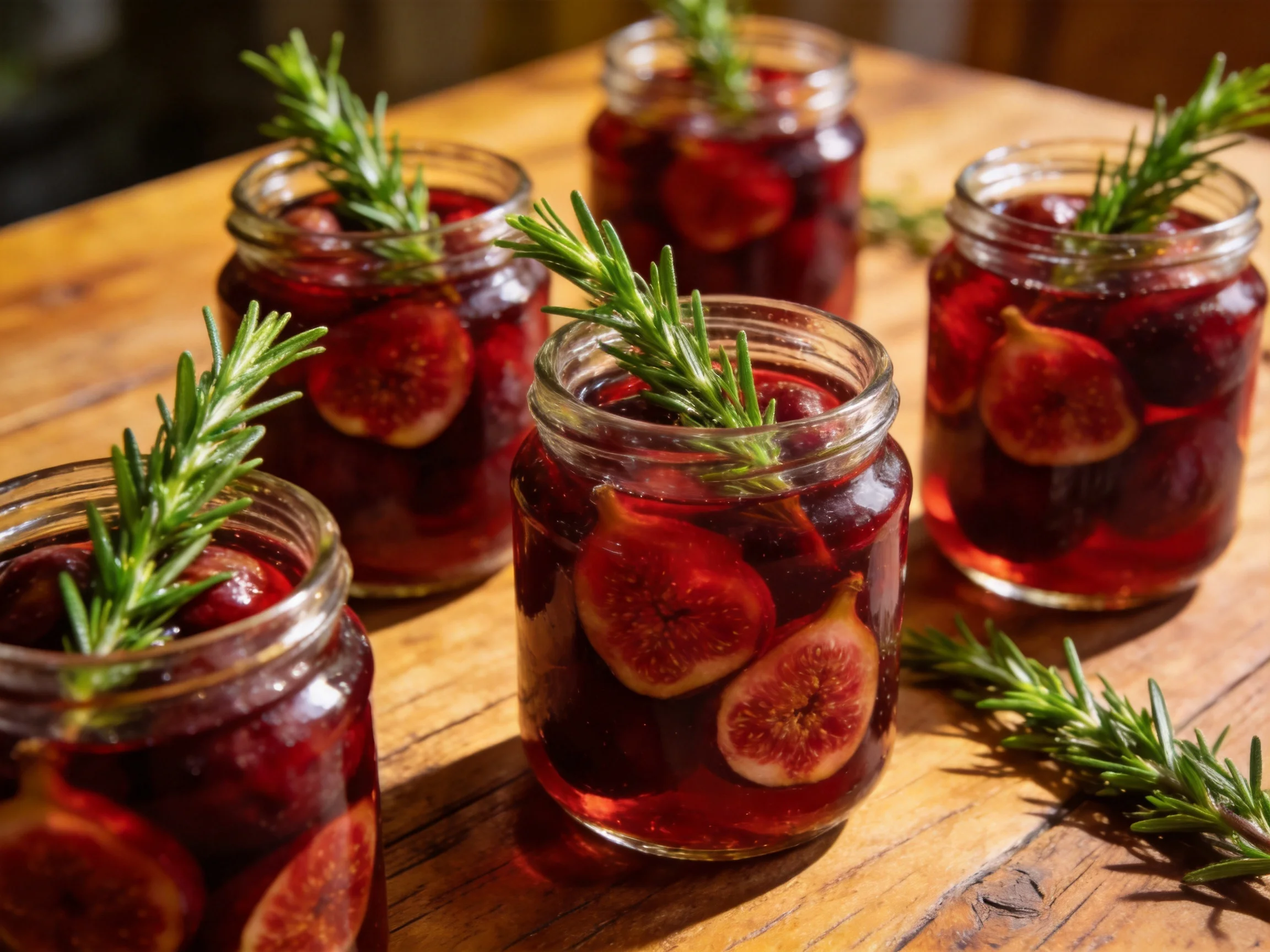 Five glass jars hold deep red fruit drinks with fig slices and rosemary