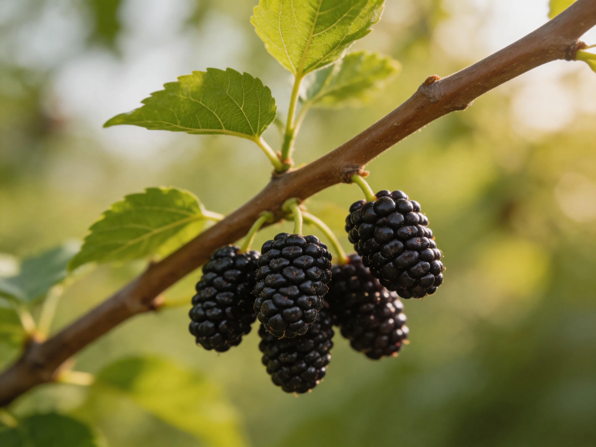 Five glossy black mulberries cluster on a brown tree branch
