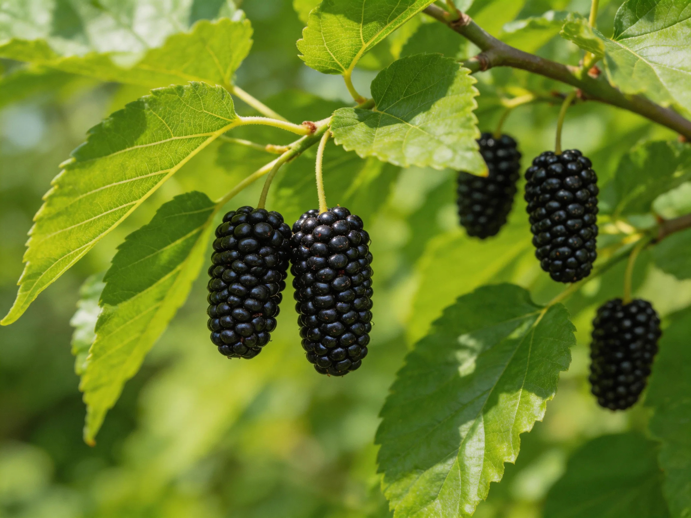 Five glossy black mulberries hang from leafy branches