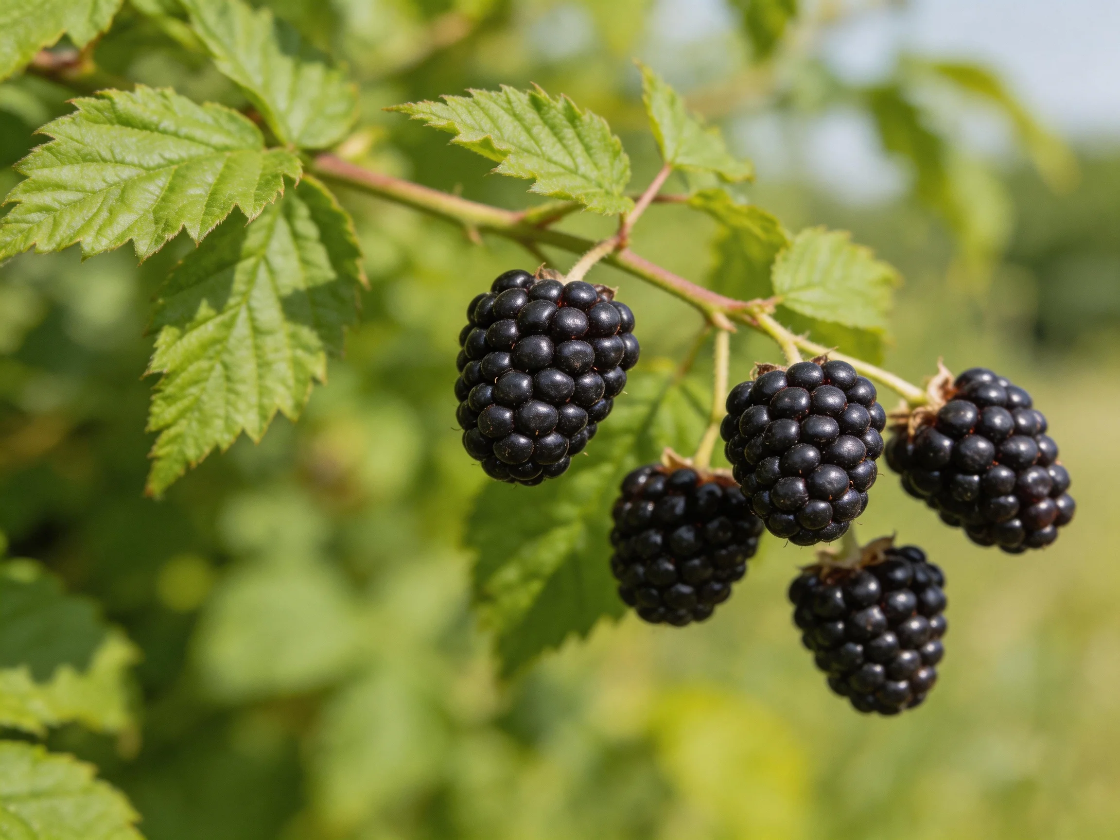 Five glossy blackberries cluster on a branch with lush green leaves.