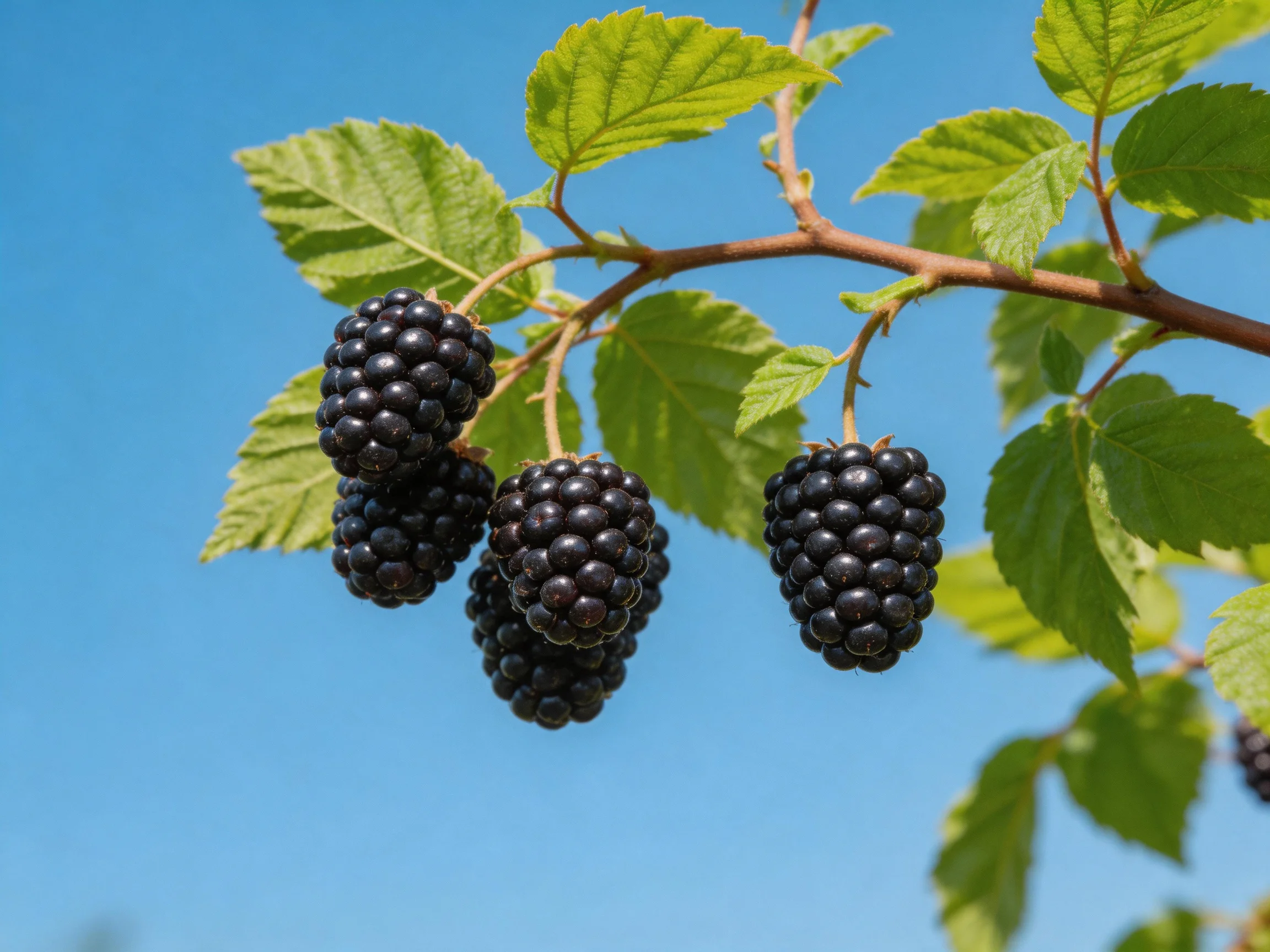 Five glossy blackberries dangle from a branch with vibrant green leaves under a clear blue sky