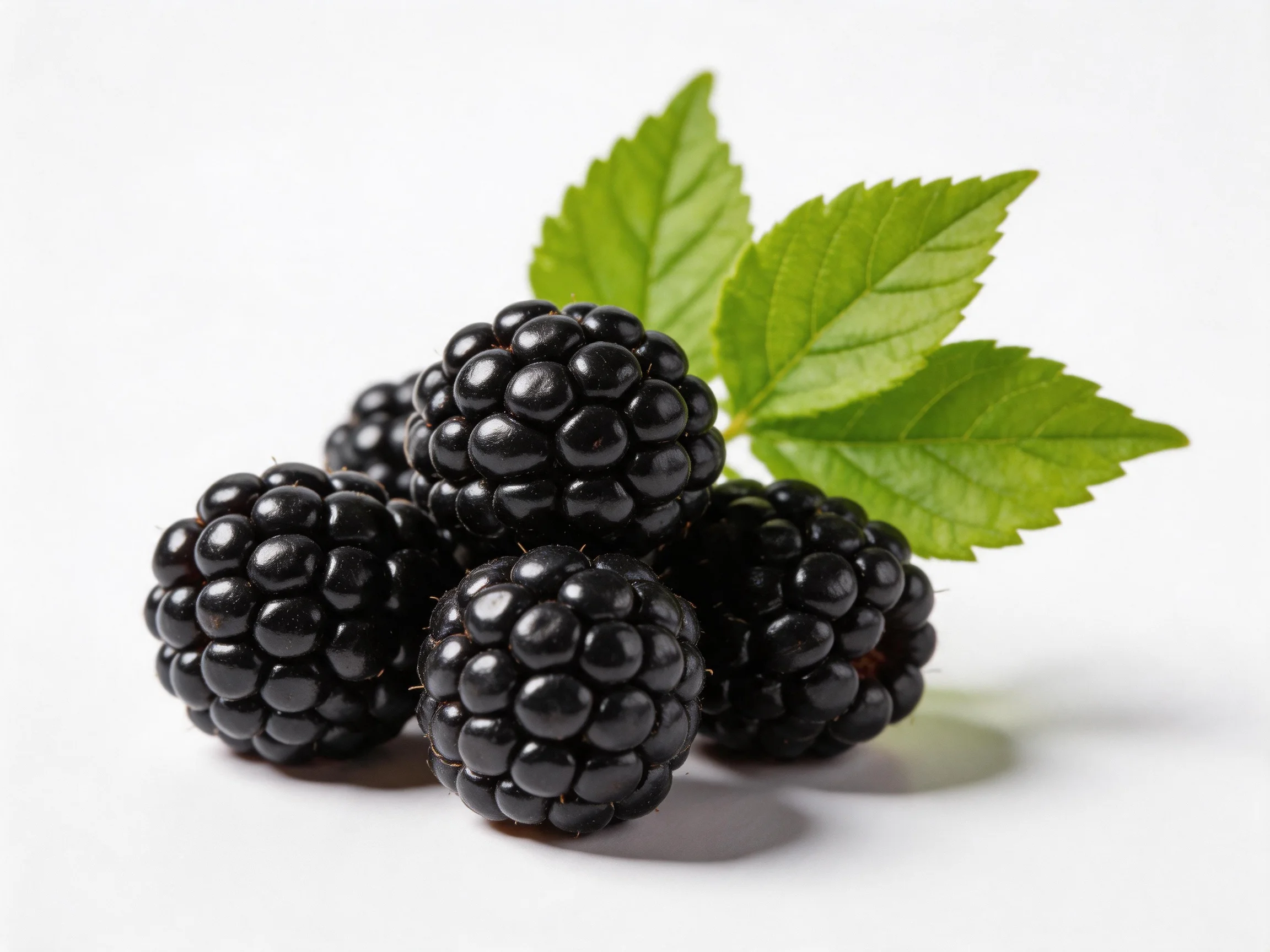 Five glossy blackberries with vibrant green leaves