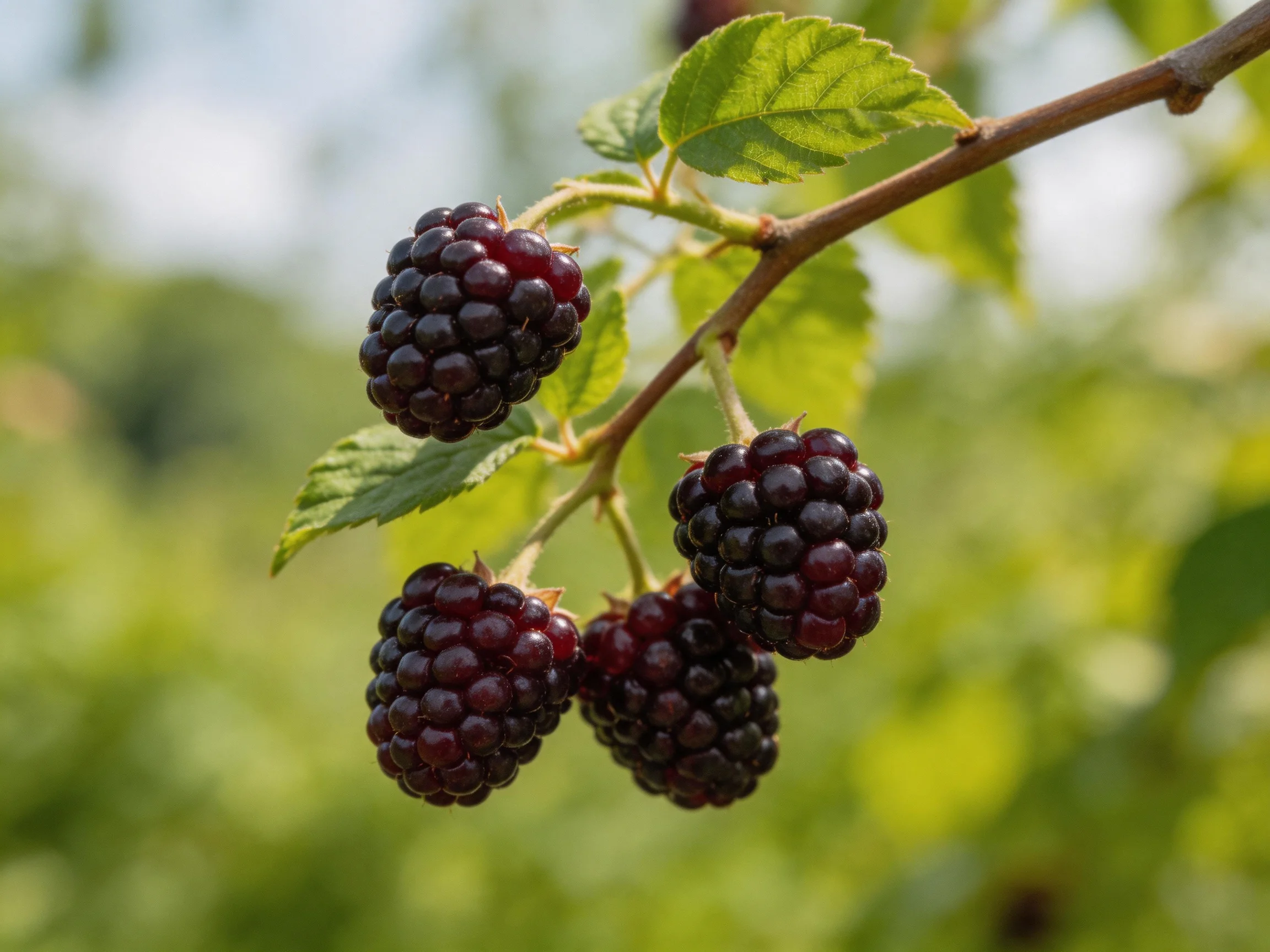 Five glossy dark berries cluster on a branch with green leaves