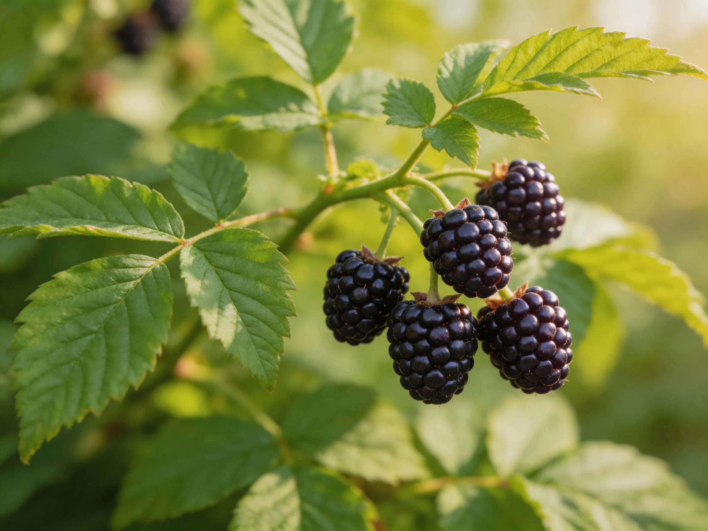 Five glossy dark purple blackberries cluster amid lush green leaves