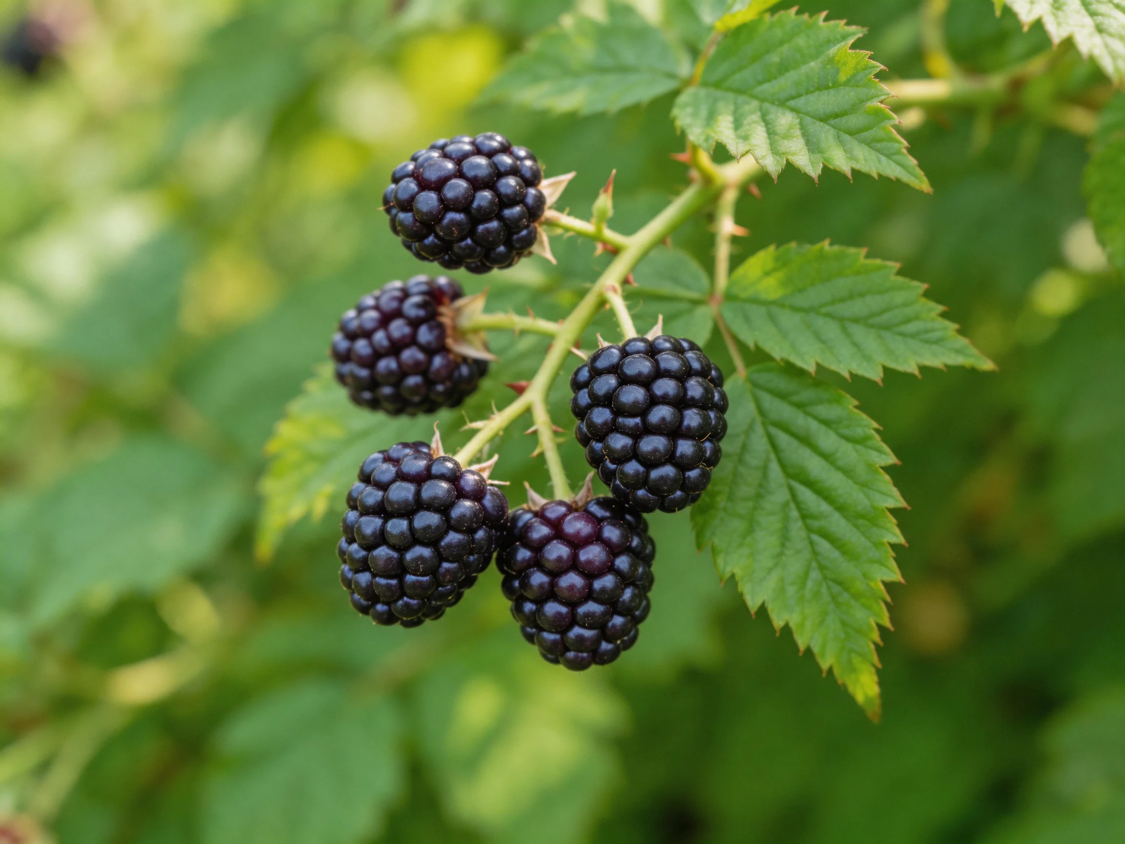 Five glossy dark purple blackberries clustered on a branch with vibrant green leaves