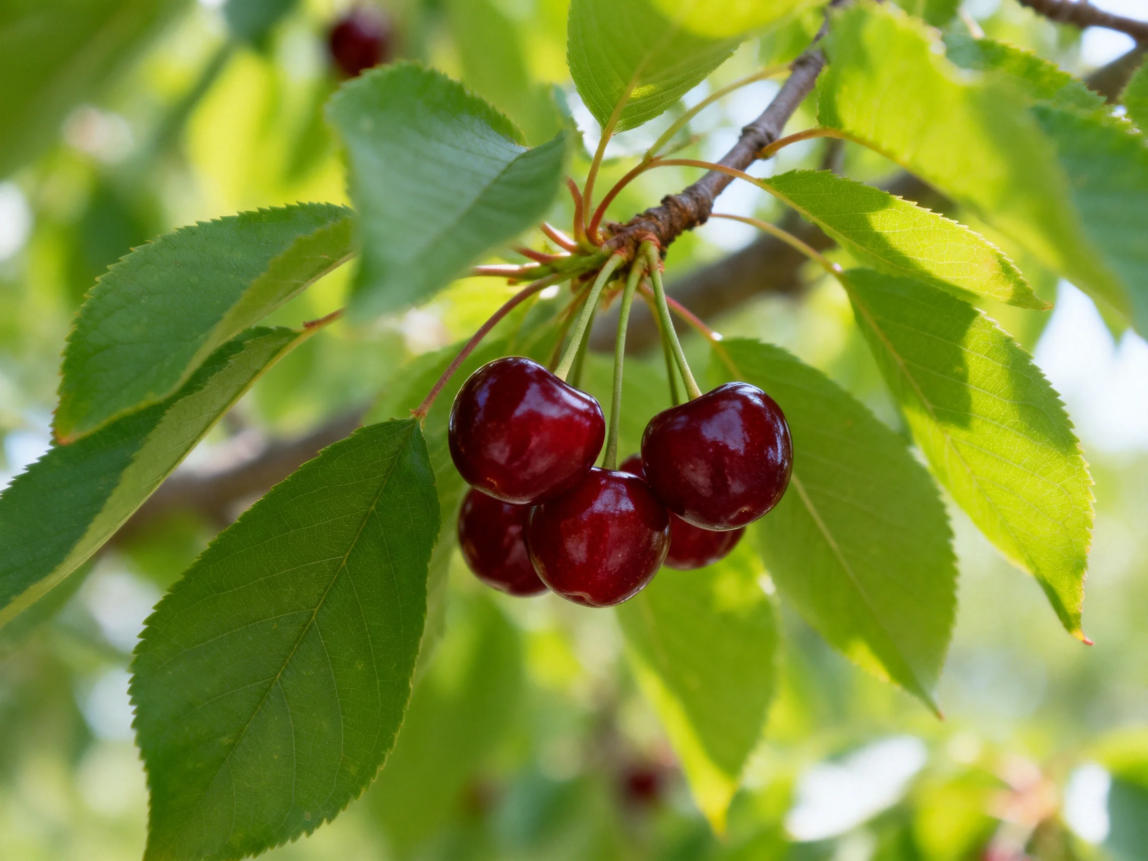 Five glossy dark red cherries hang from a tree branch amid green leaves.