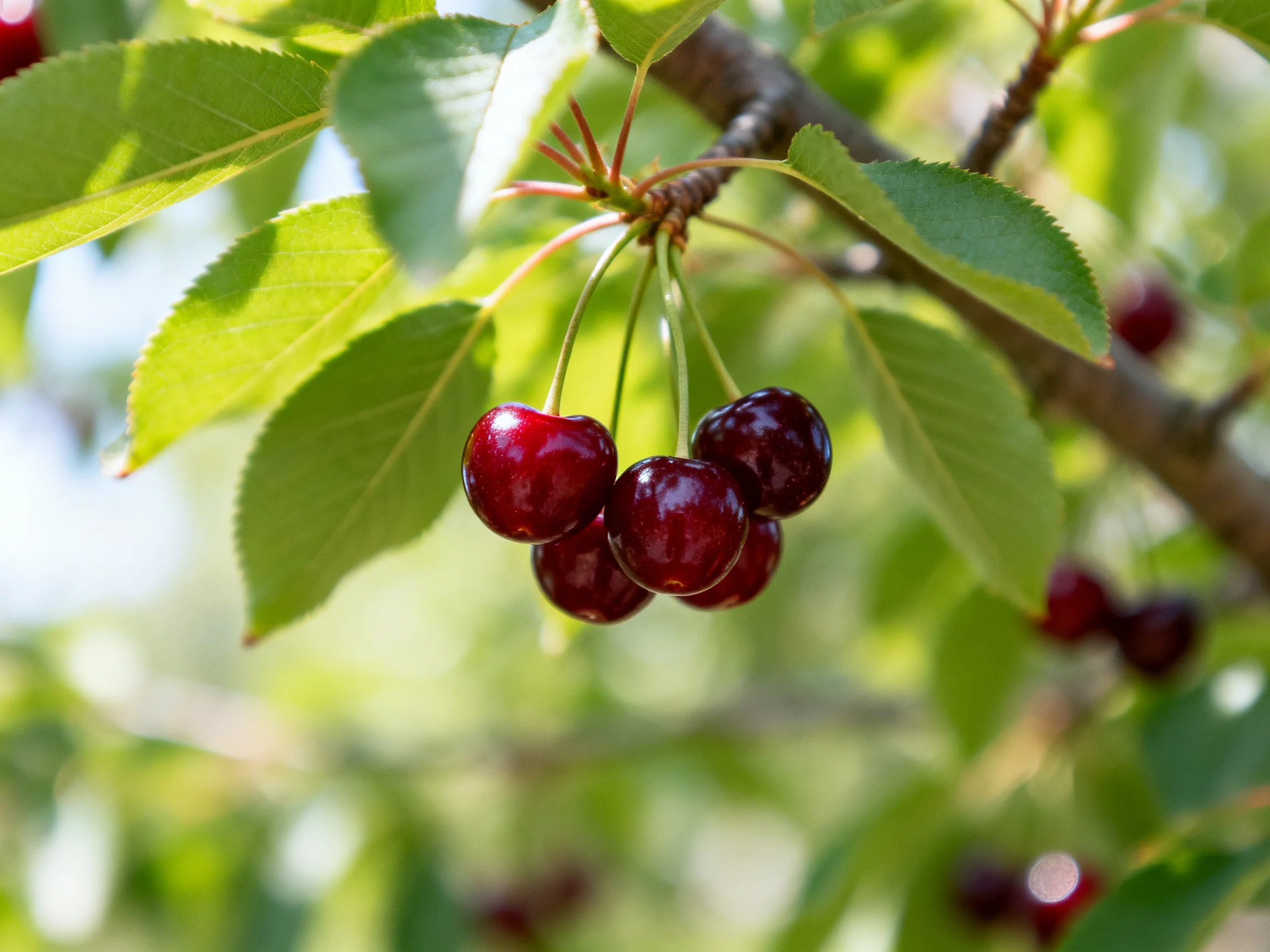 Five glossy red cherries cluster on a leafy cherry tree branch