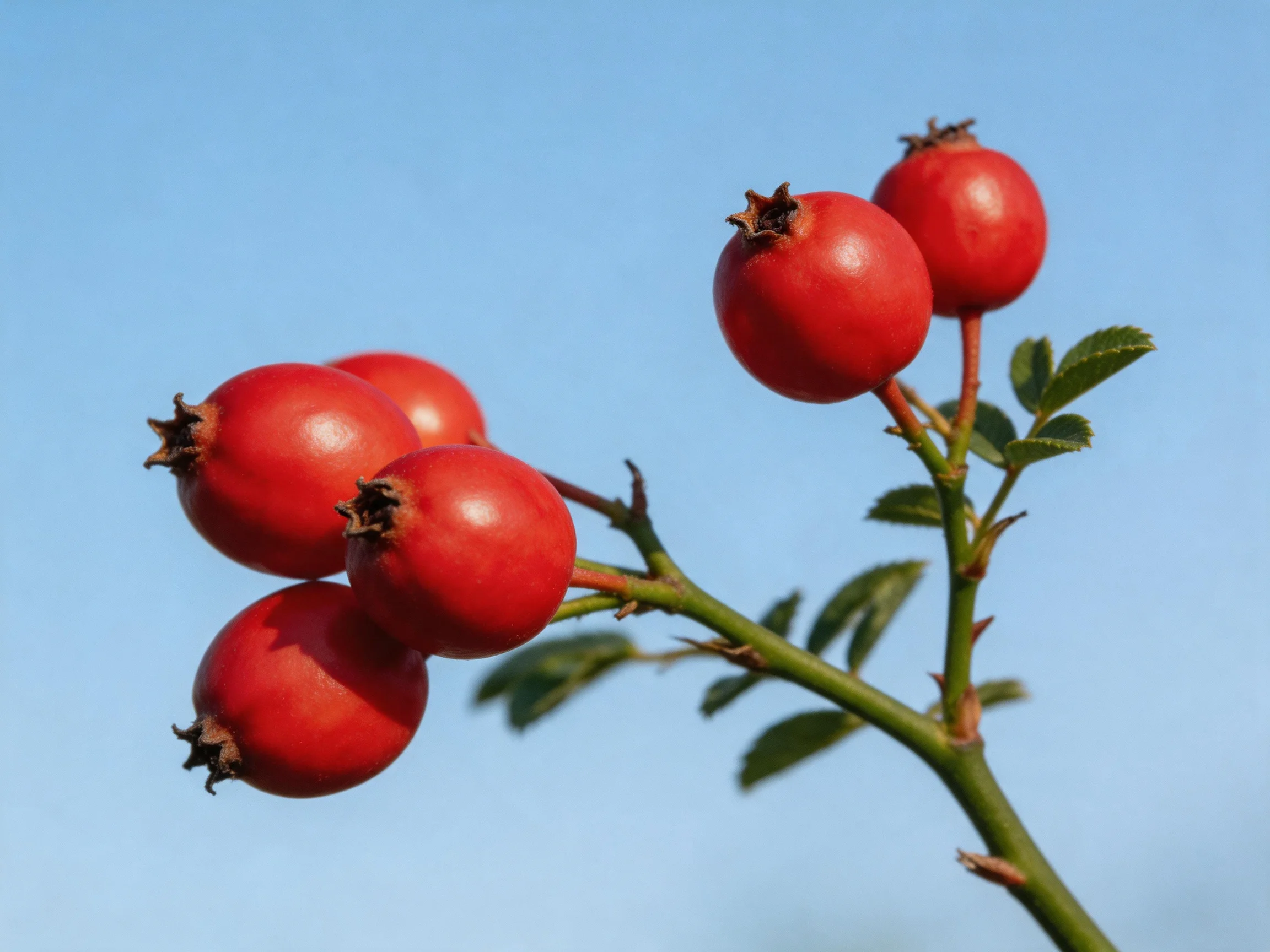 Five glossy red rose hips on a thorny green branch