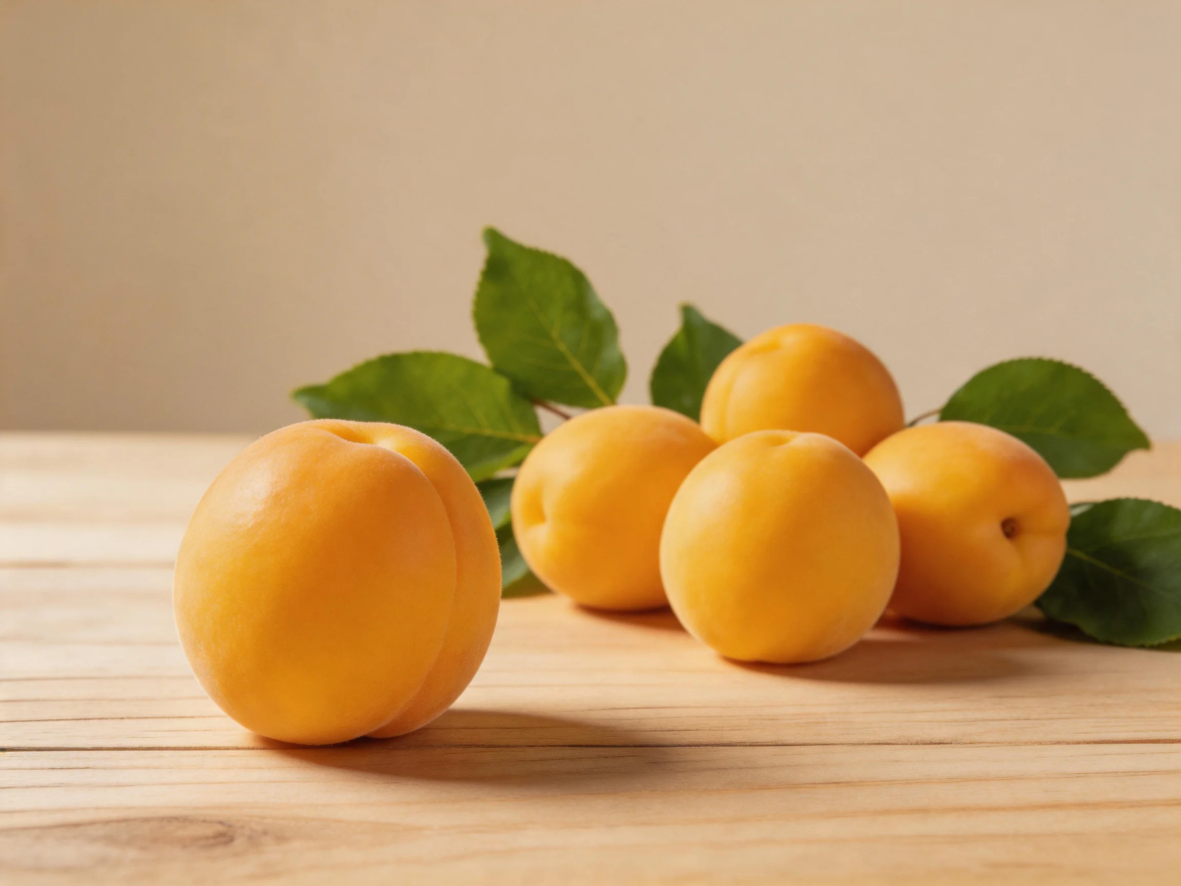 Five golden apricots rest on a light wood table with green leaves