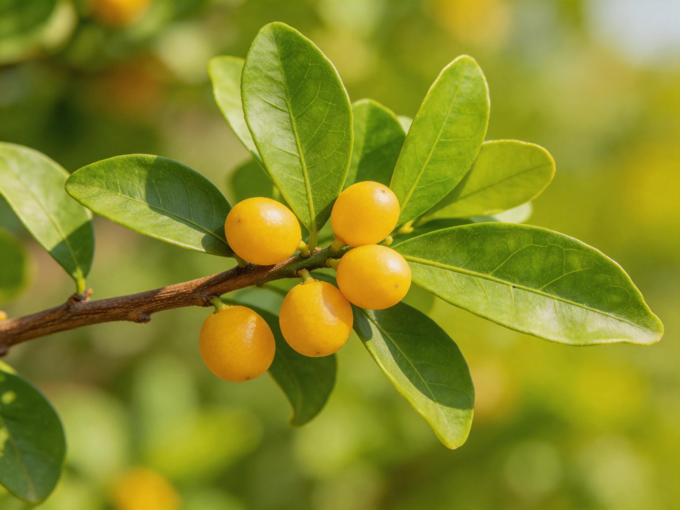 Five golden berries cluster amid glossy green leaves on a brown branch