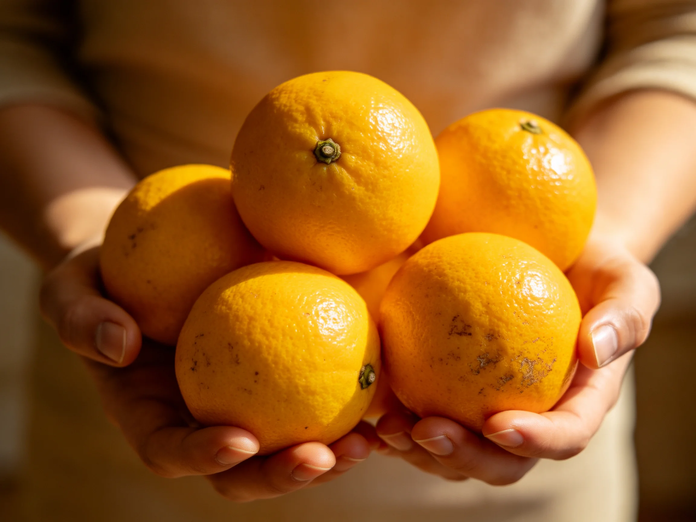 Five golden oranges held tenderly in human hands