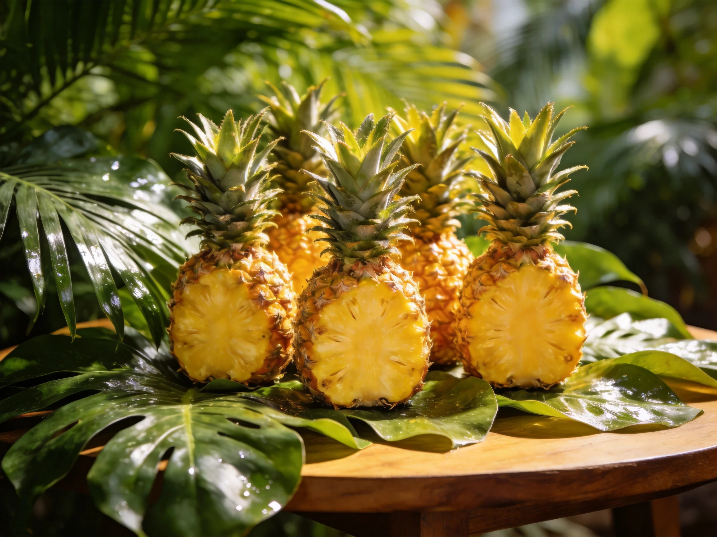 Five golden pineapples on a wooden table with tropical green foliage