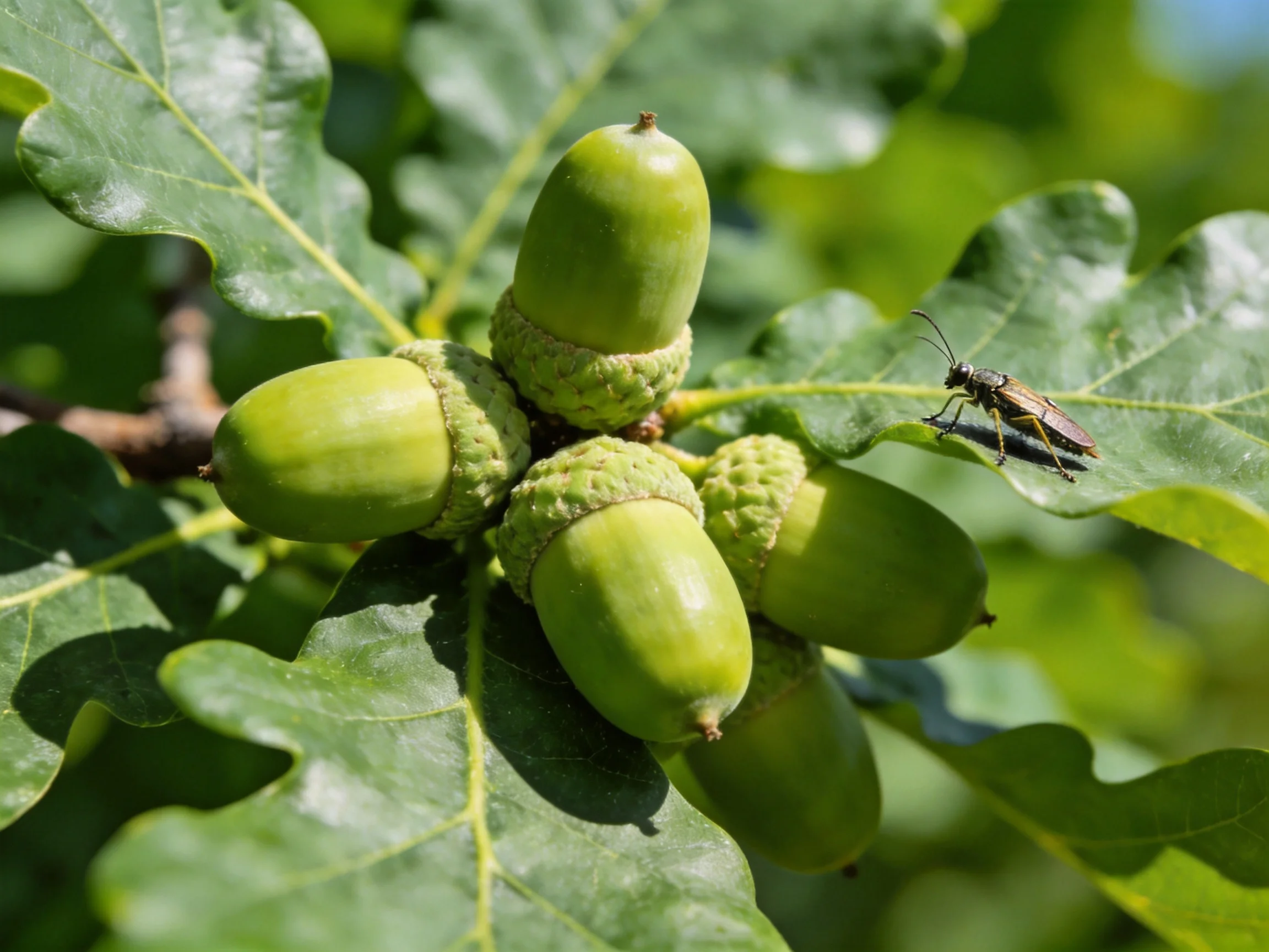 Five green acorns cluster among large oak leaves with a brown insect nearby