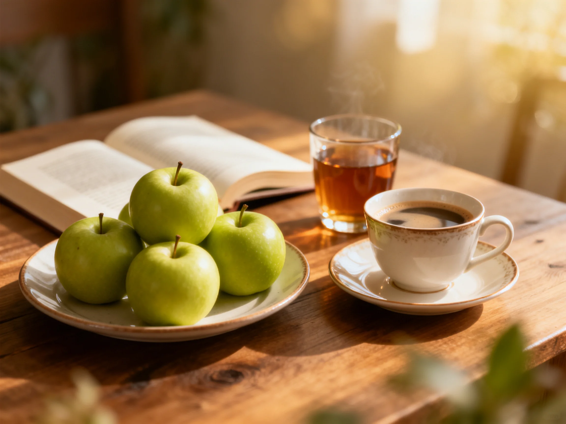 Five green apples, an open book, coffee, and tea on a wooden table