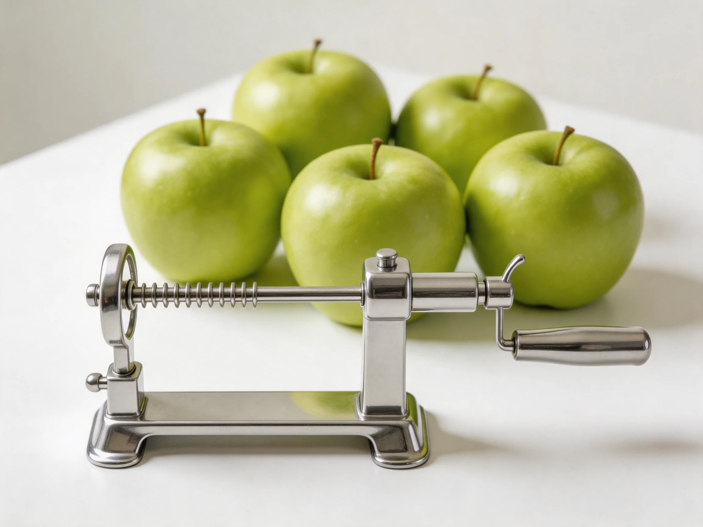 Five green apples beside a polished stainless steel apple peeler