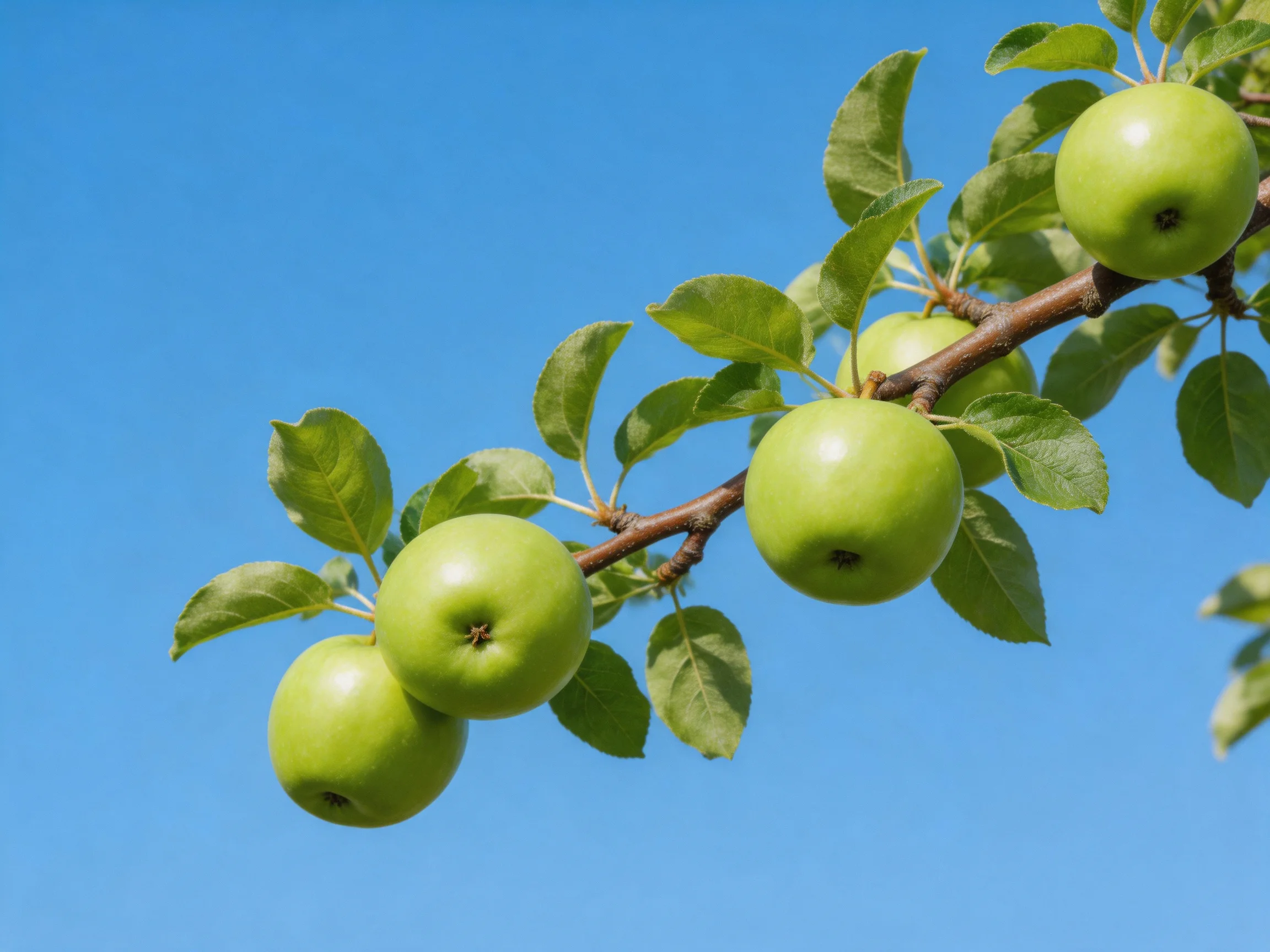 Five green apples hang from a brown tree branch under clear blue sky