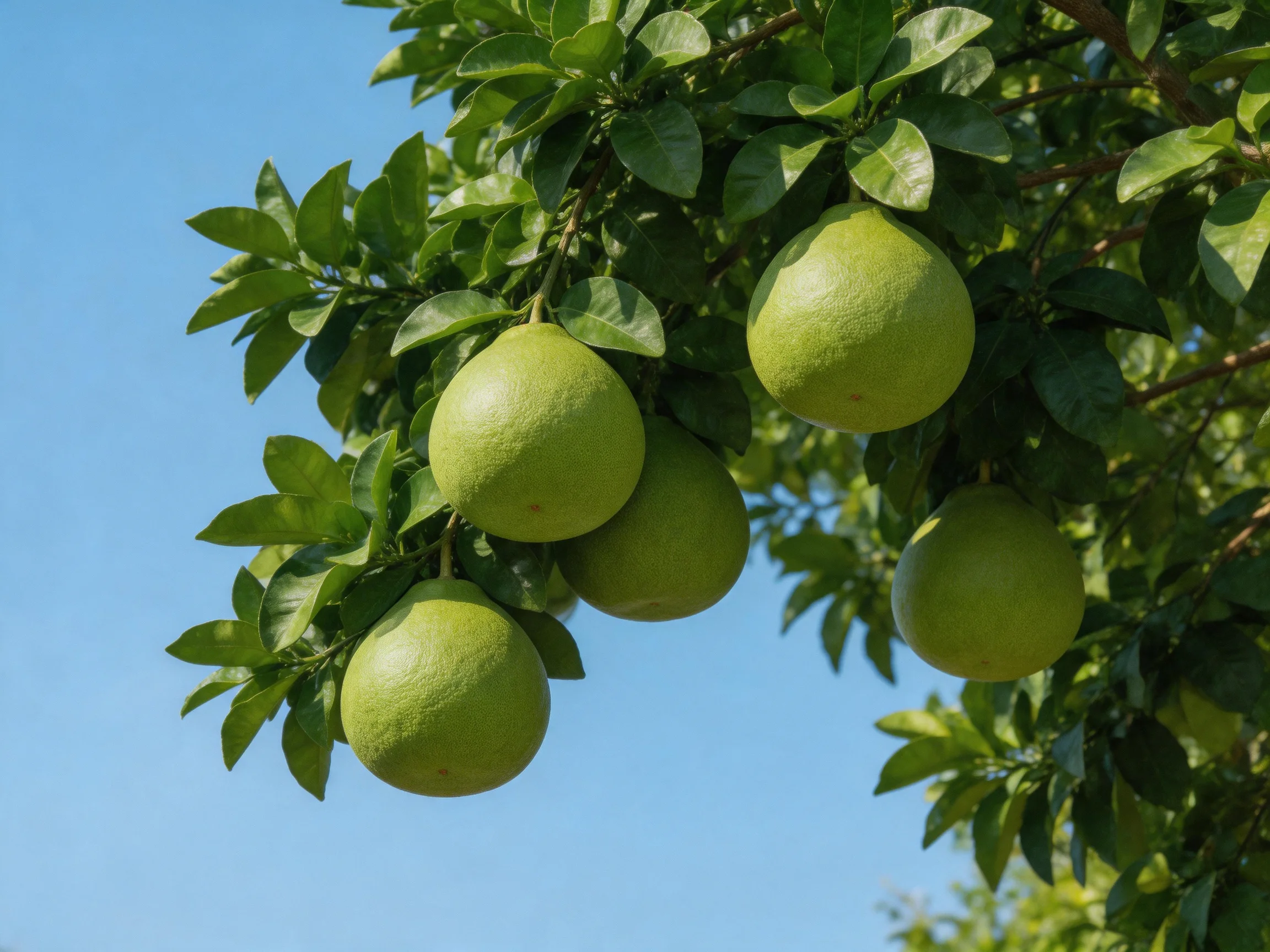 Five green citrus fruits hang from a leafy tree against a clear blue sky