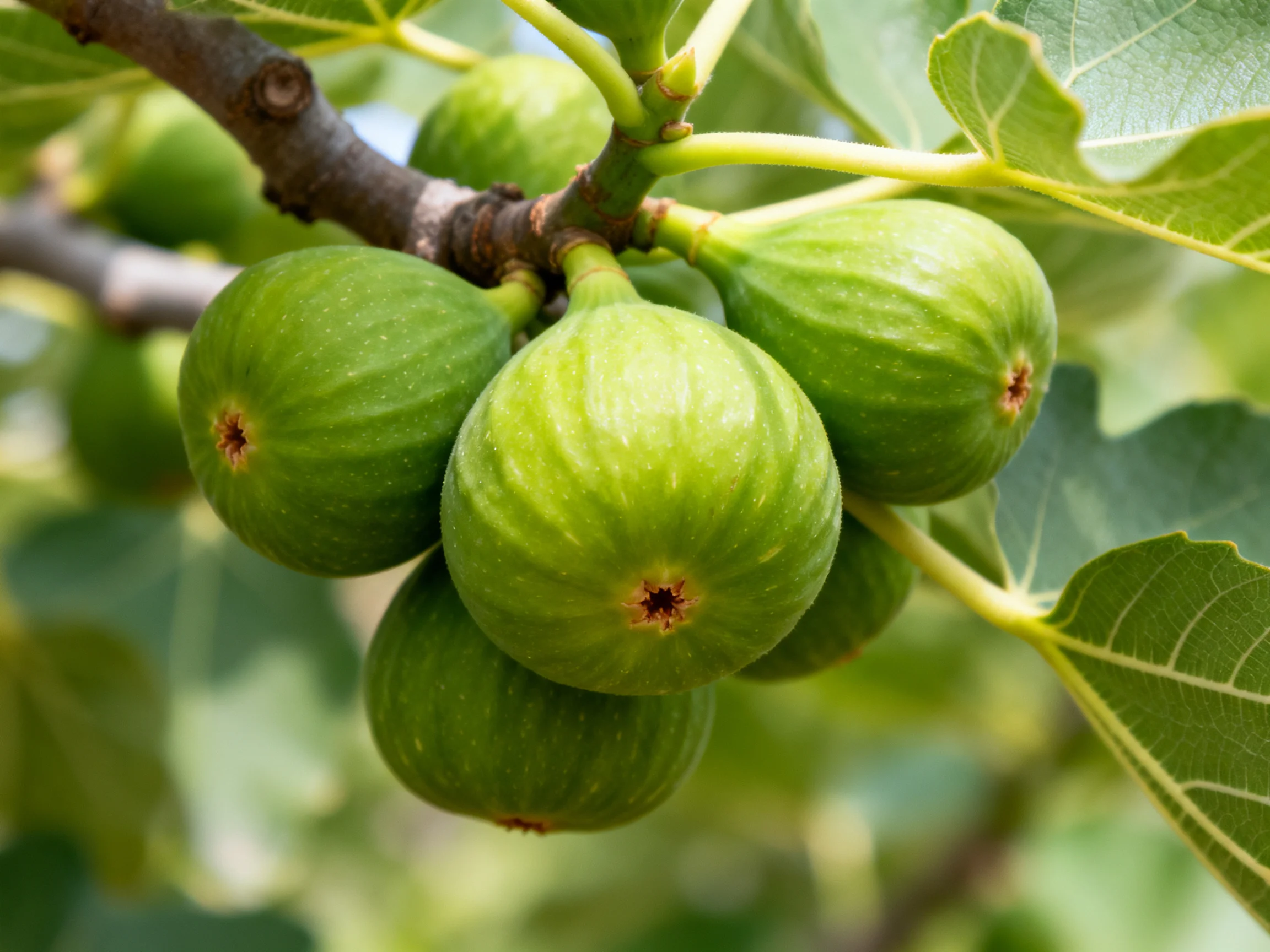 Five green figs cluster on a brown tree branch
