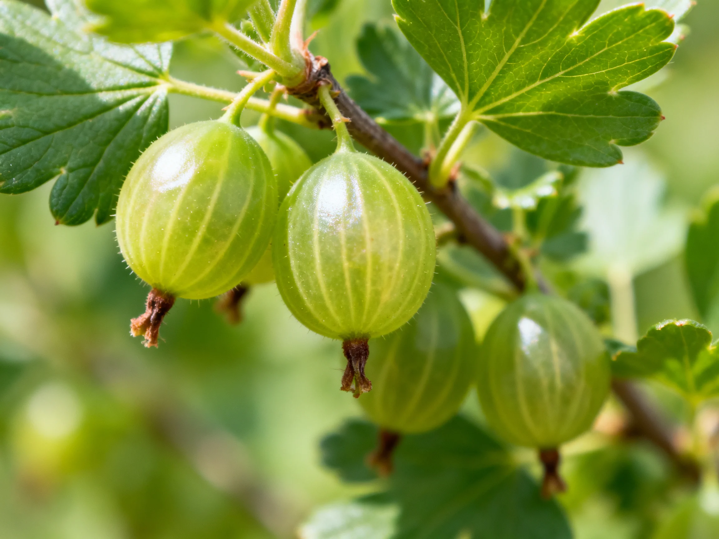 Five green gooseberries hang from a branch amid lush foliage