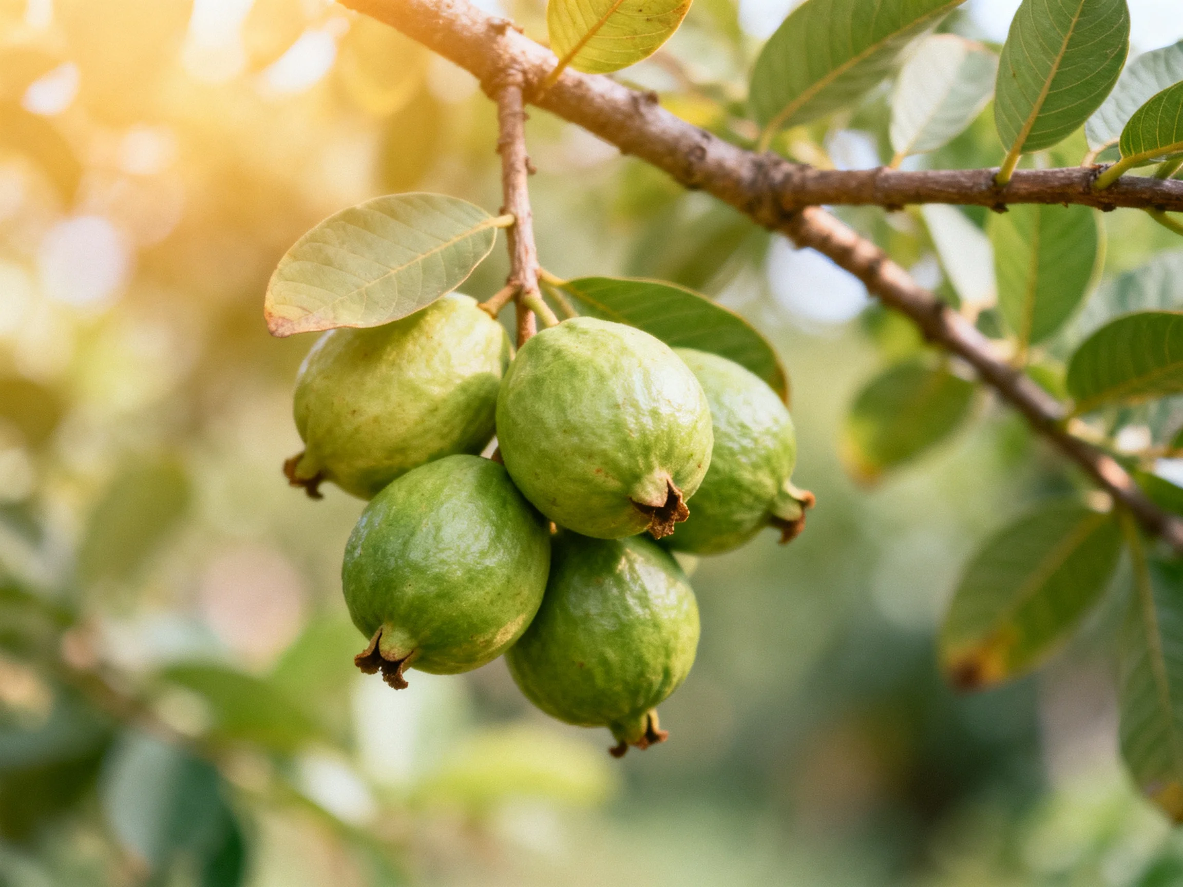 Five green guavas cluster on a tree branch with lush leaves