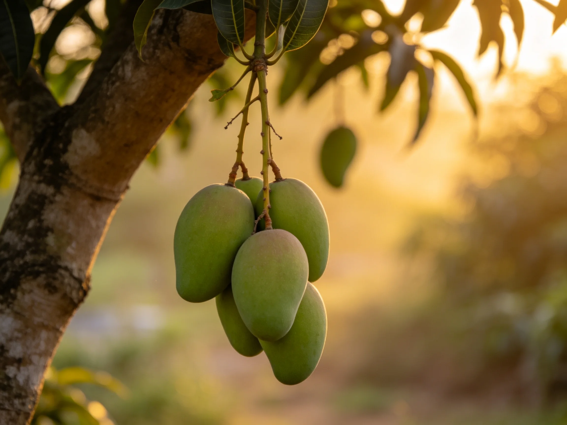 Five green mangoes hang from a tree lit by golden sunlight