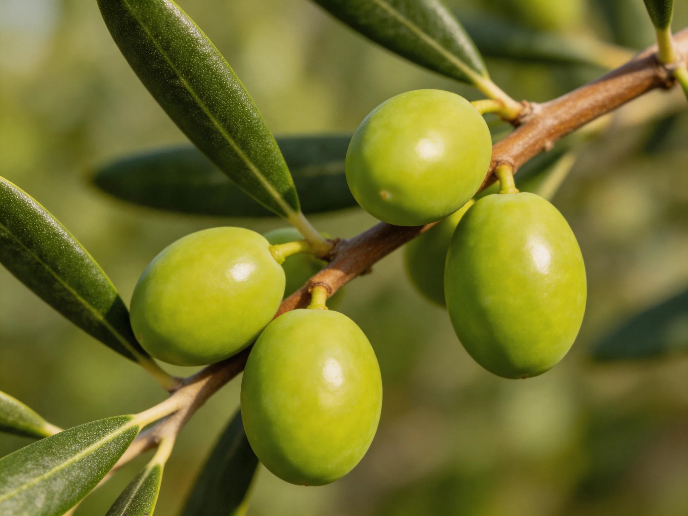 Five green olives grow on an olive branch with glossy leaves