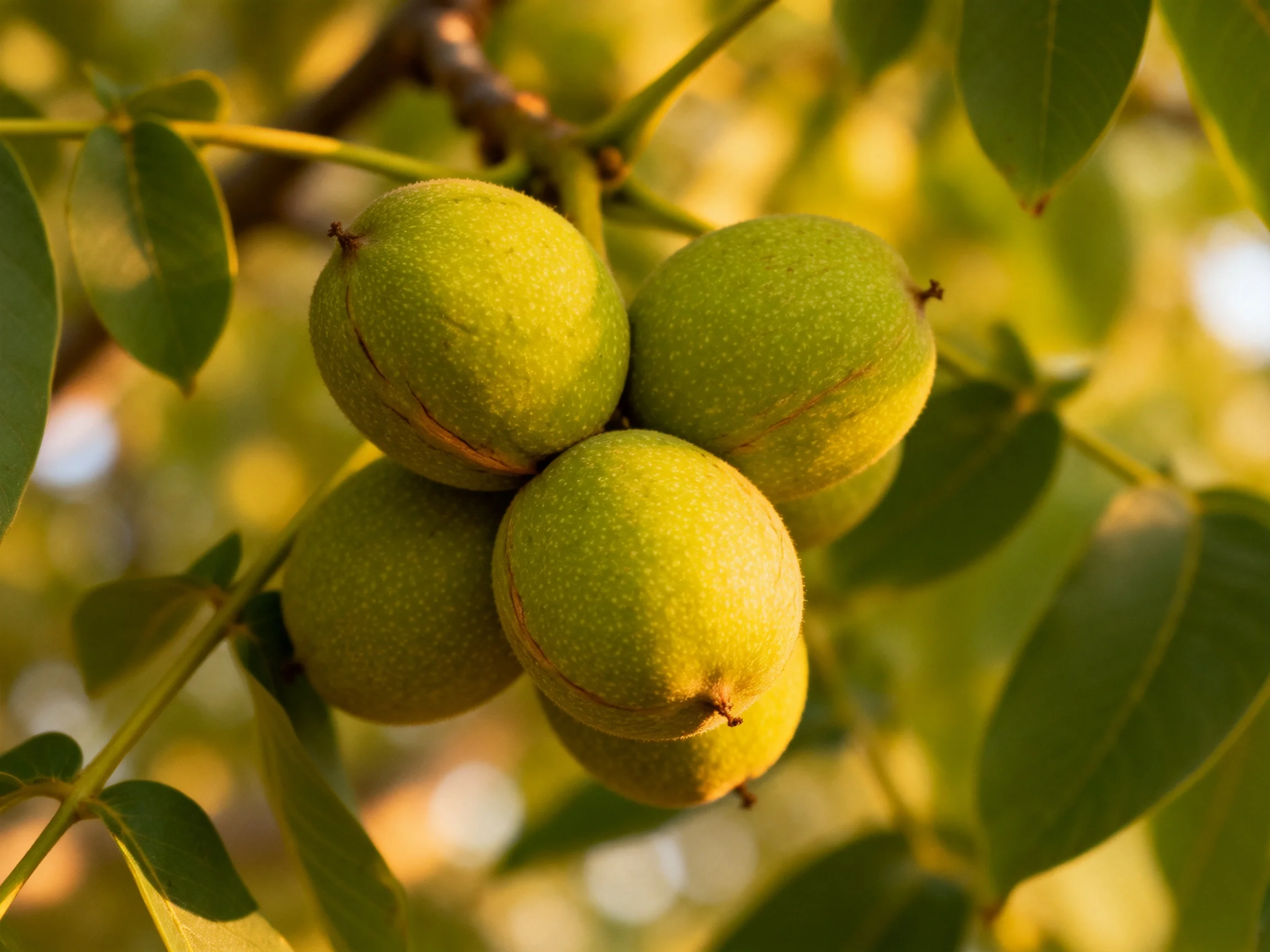 Five green walnuts clustered on a leafy tree branch