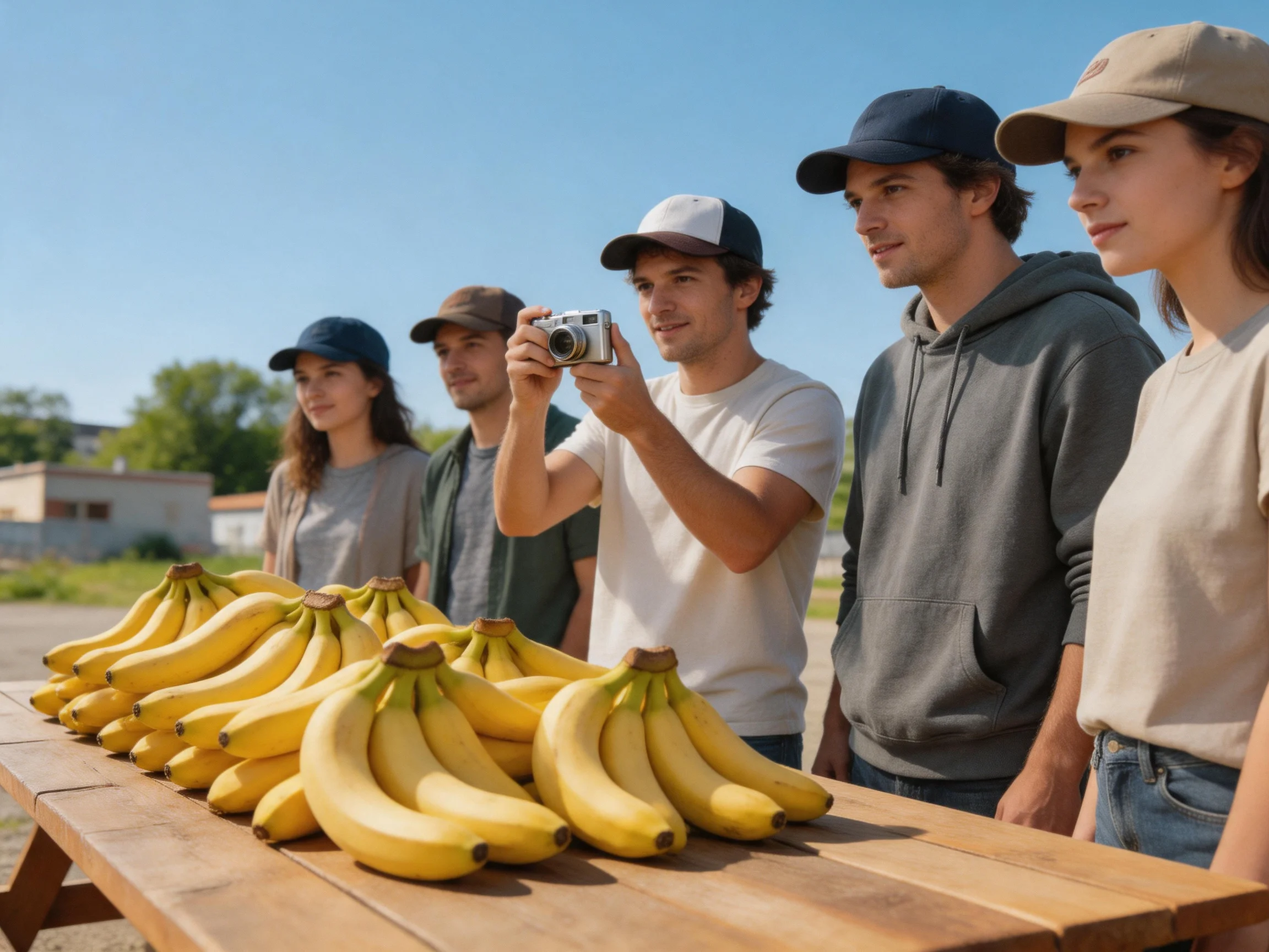 Five individuals gather near a wooden table loaded with yellow banana bunches