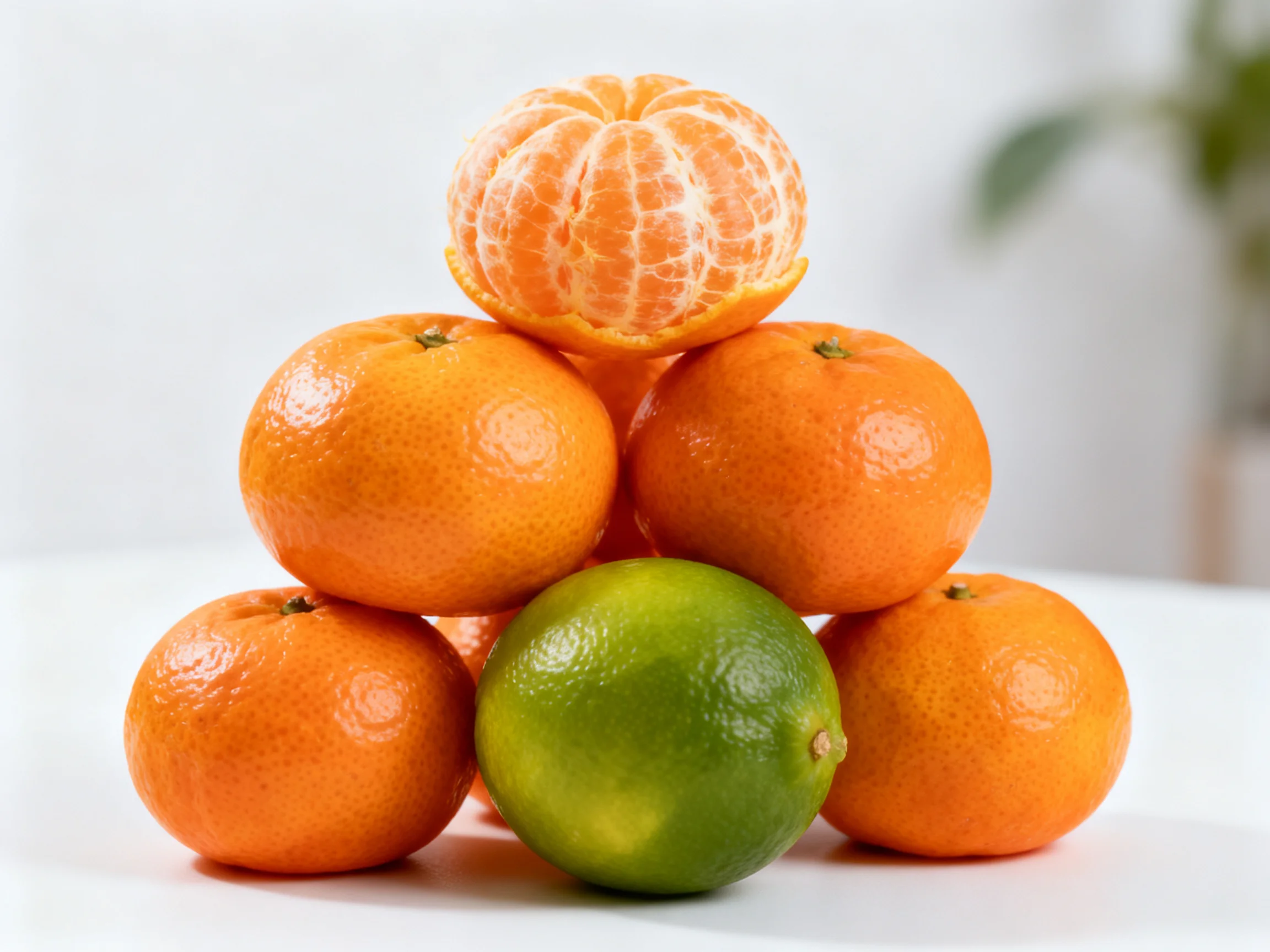 Five oranges and one lime arranged in a pyramid formation